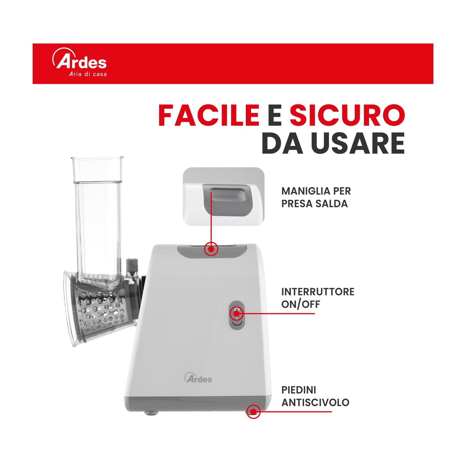 Un robot da cucina bianco e grigio. Ha un contenitore trasparente, un pulsante di accensione/spegnimento e una base antiscivolo. Testo: Facile e sicuro da usare.
