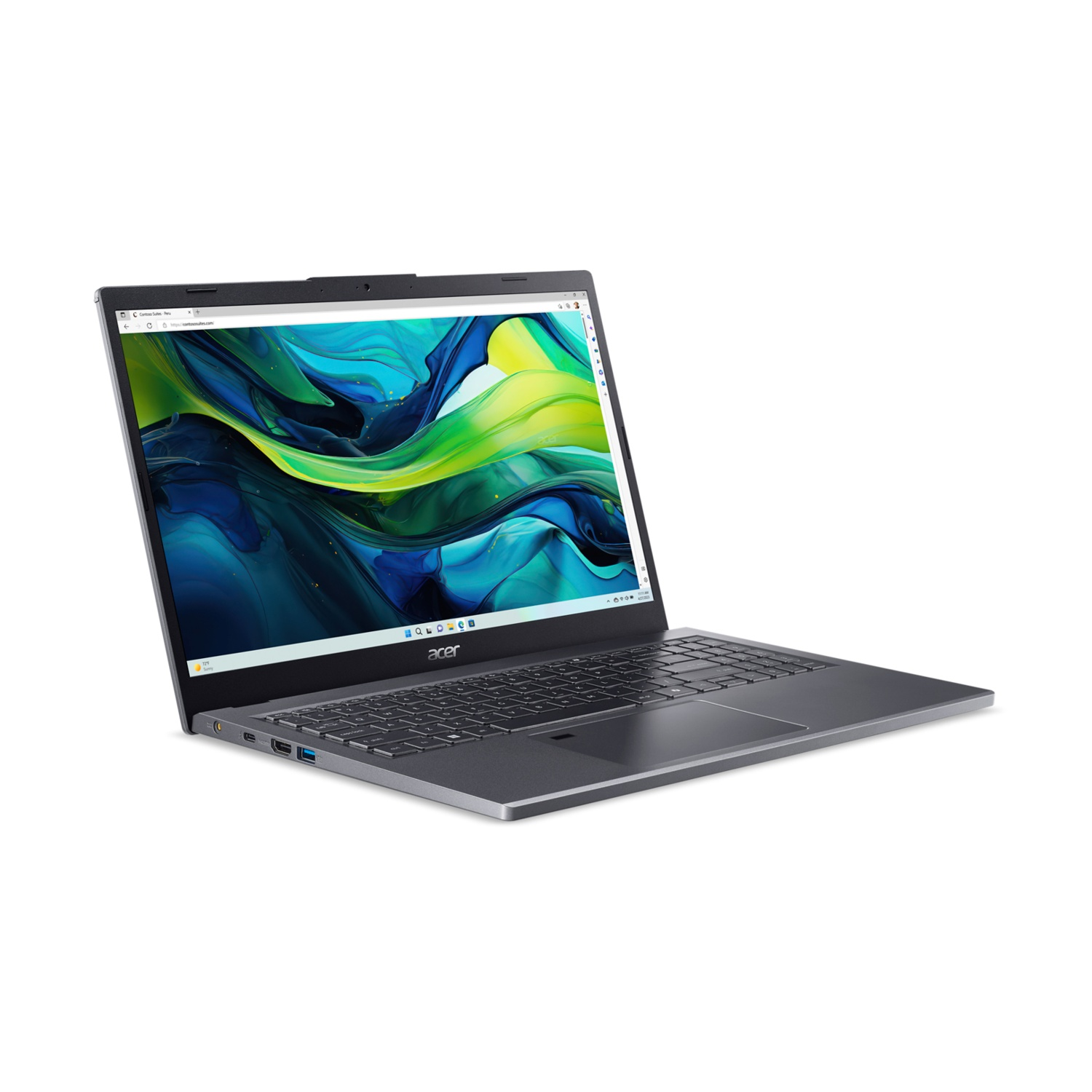 Laptop Acer, aperto, mostra un design astratto colorato sullo schermo, su sfondo bianco. Tastiera visibile, vista angolata.