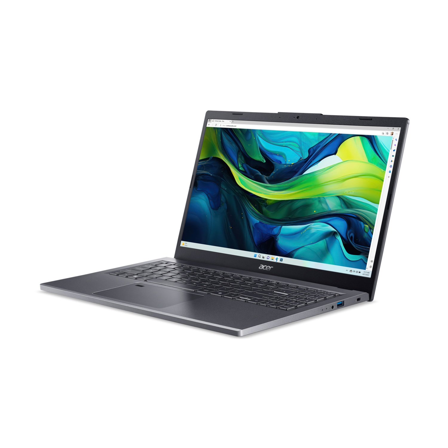 Laptop Acer aperto, su bianco. Schermo con motivo astratto blu, giallo e verde. Tastiera e trackpad visibili.