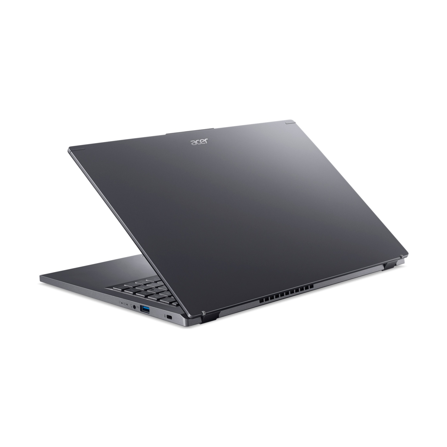 Un laptop Acer grigio scuro è aperto, mostrando tastiera e schermo. Il logo Acer è visibile. Lo sfondo è bianco.