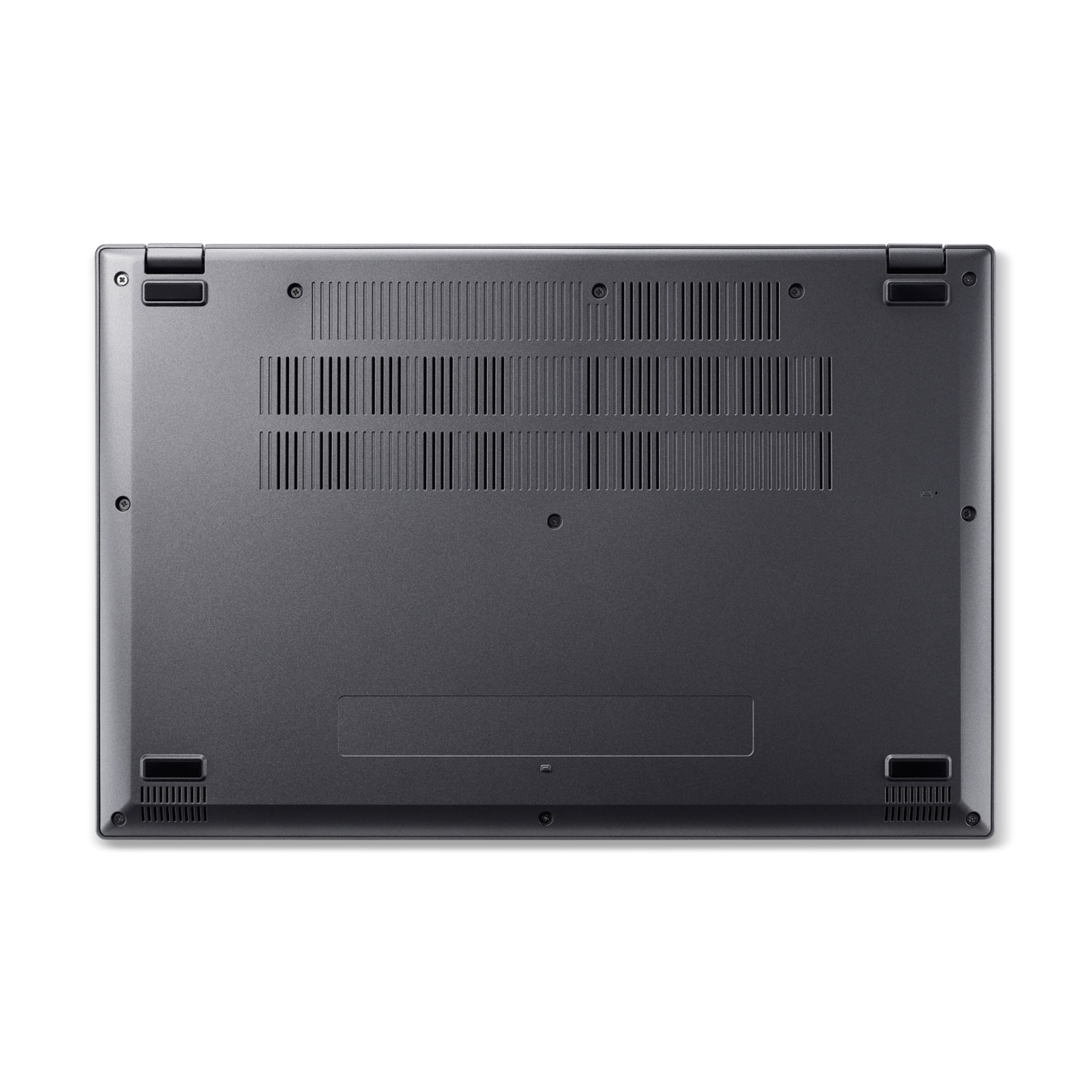 È mostrato il lato inferiore di un laptop grigio. Ha prese d'aria, viti e un pannello di accesso rettangolare.