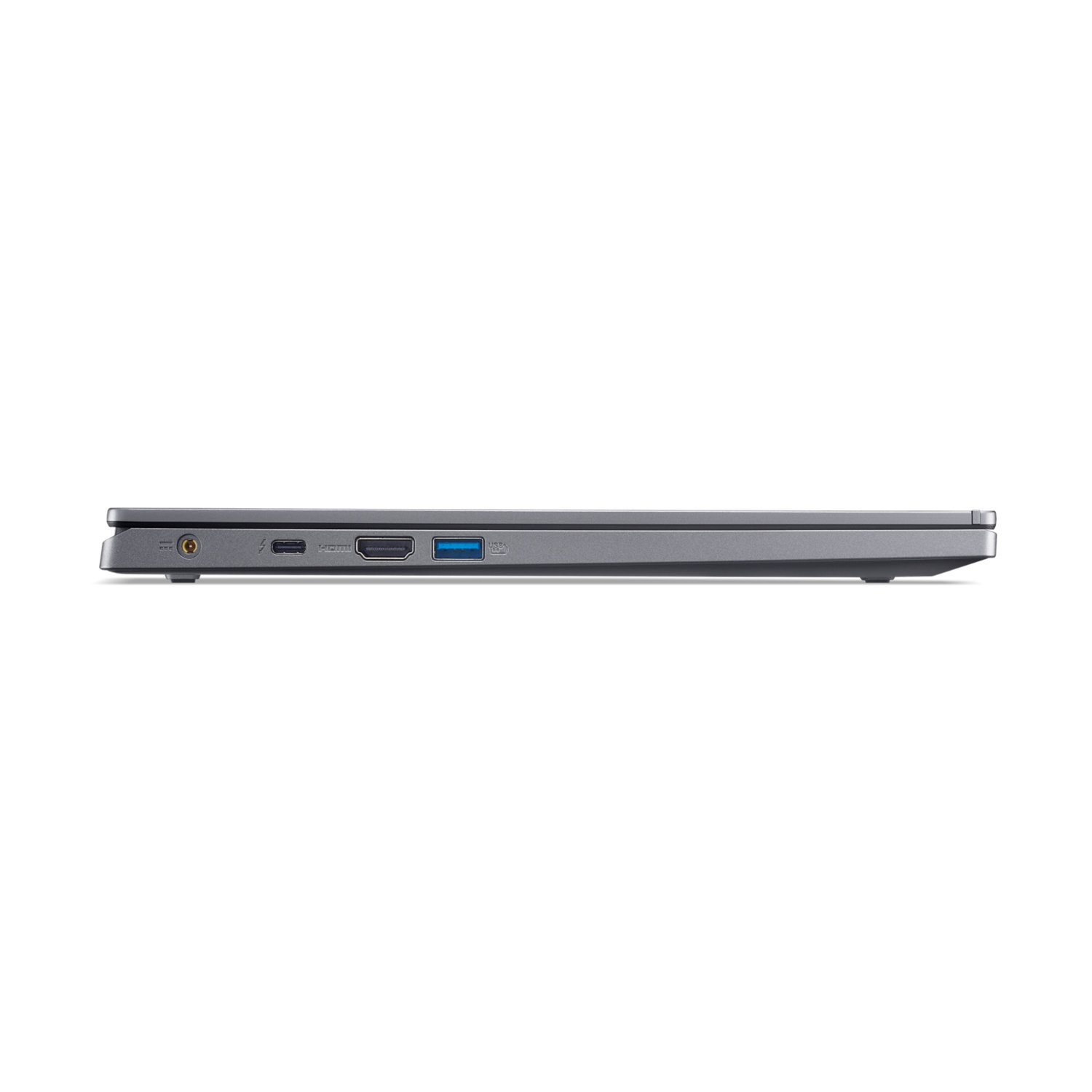 Vista laterale di un laptop grigio che mostra le porte: audio, USB-C, HDMI, USB e ricarica. Il laptop è su sfondo bianco.