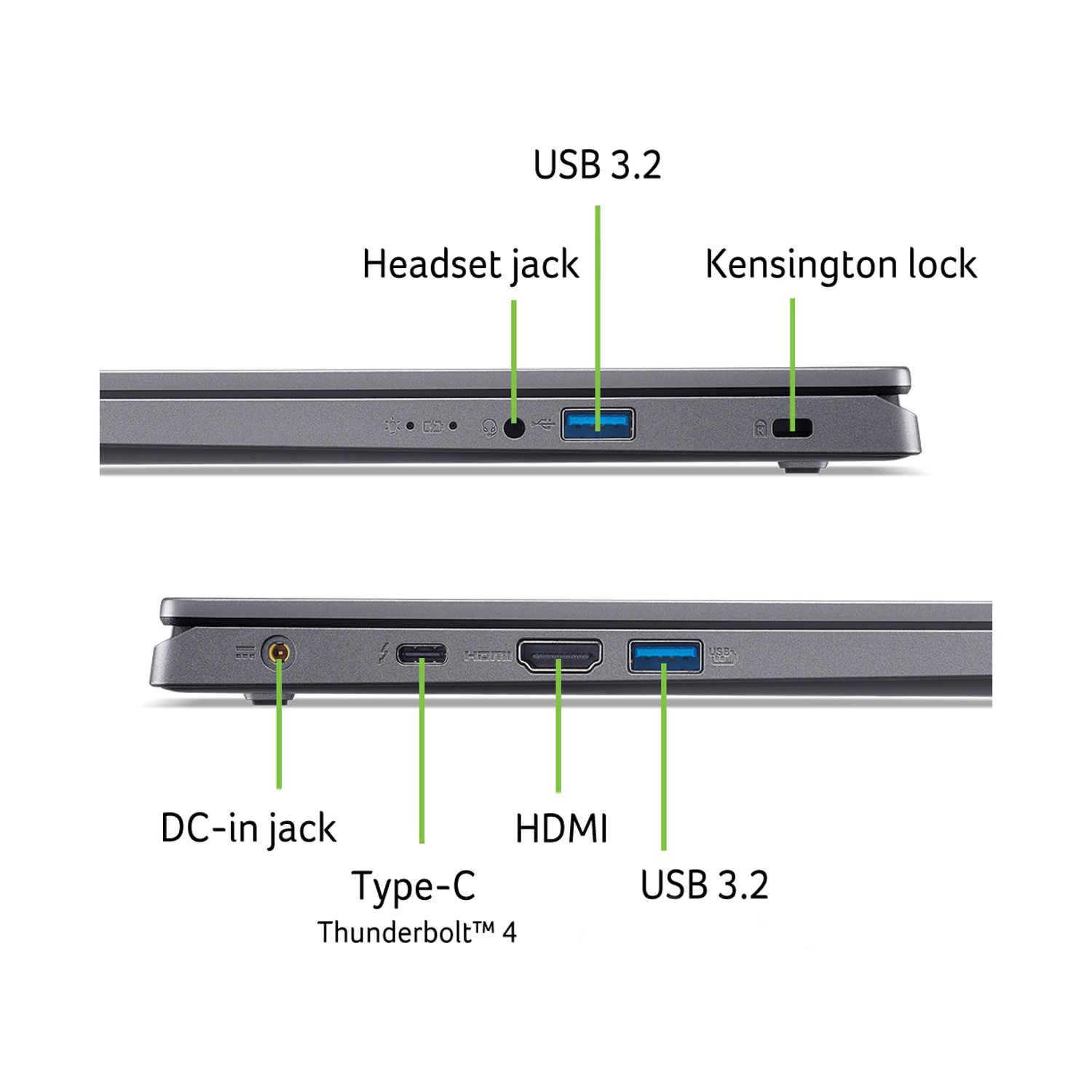 Vista laterale del laptop che mostra le porte: DC-in, Type-C, HDMI, USB 3.2, jack per cuffie, blocco Kensington e USB 3.2.