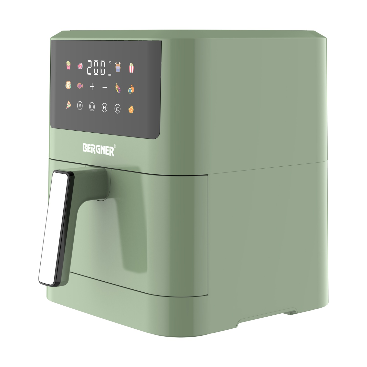 Una friggitrice ad aria Bergner verde salvia. Ha un display digitale con impostazioni. Una maniglia è sul davanti. Su sfondo bianco.