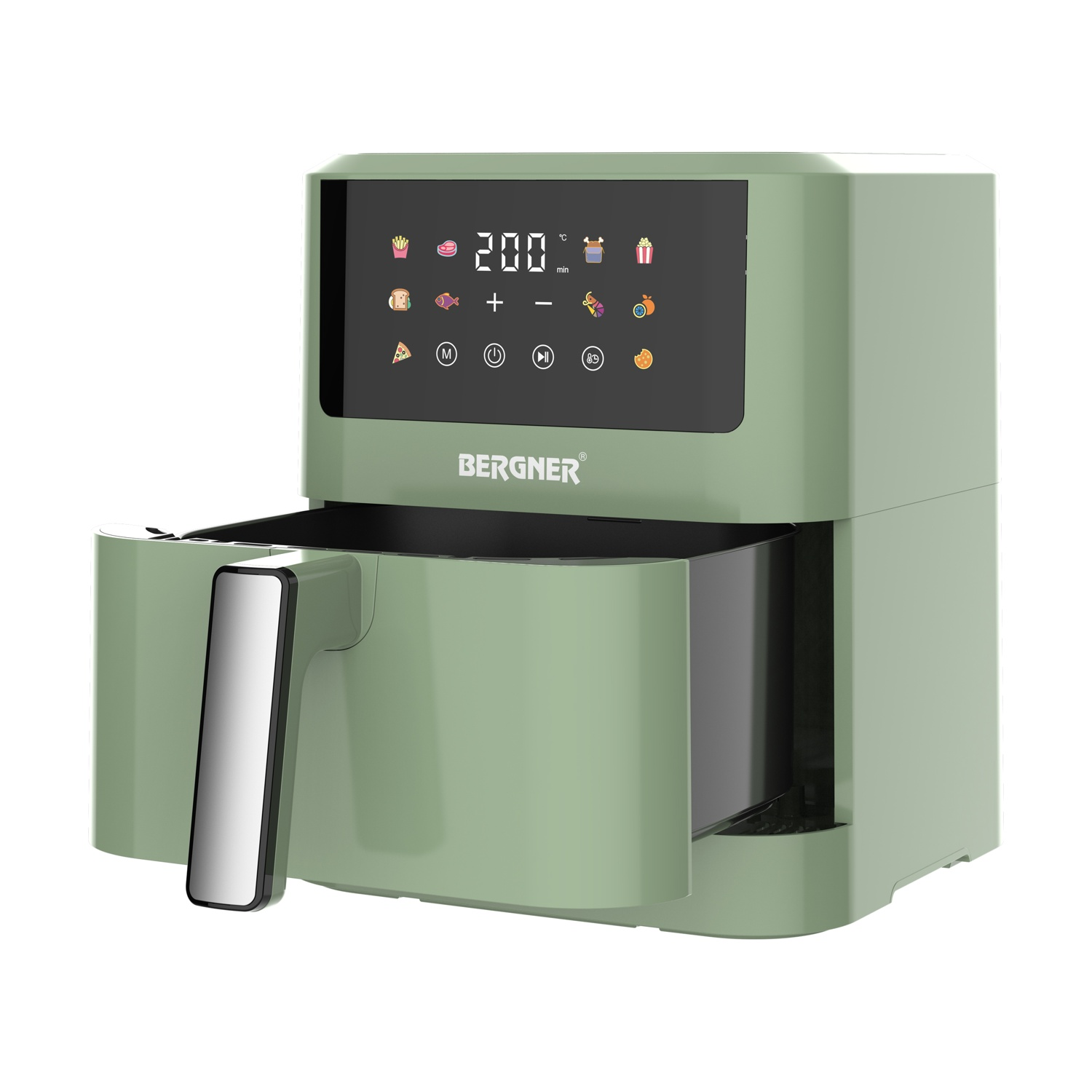 Una friggitrice ad aria verde menta con display digitale. Ha un cassetto estraibile, una maniglia e il marchio 'Bergner'.