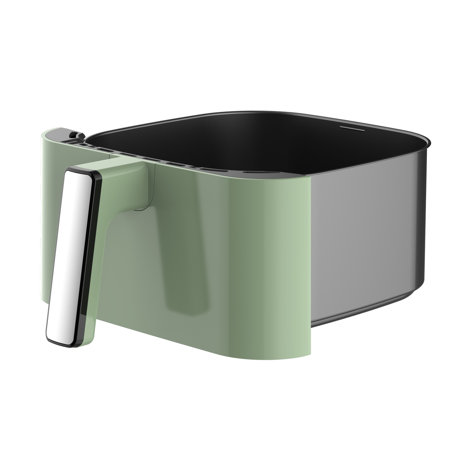 Una friggitrice ad aria, verde chiaro e grigio, su sfondo bianco. Ha una maniglia e un cestello, pronta per la cottura.