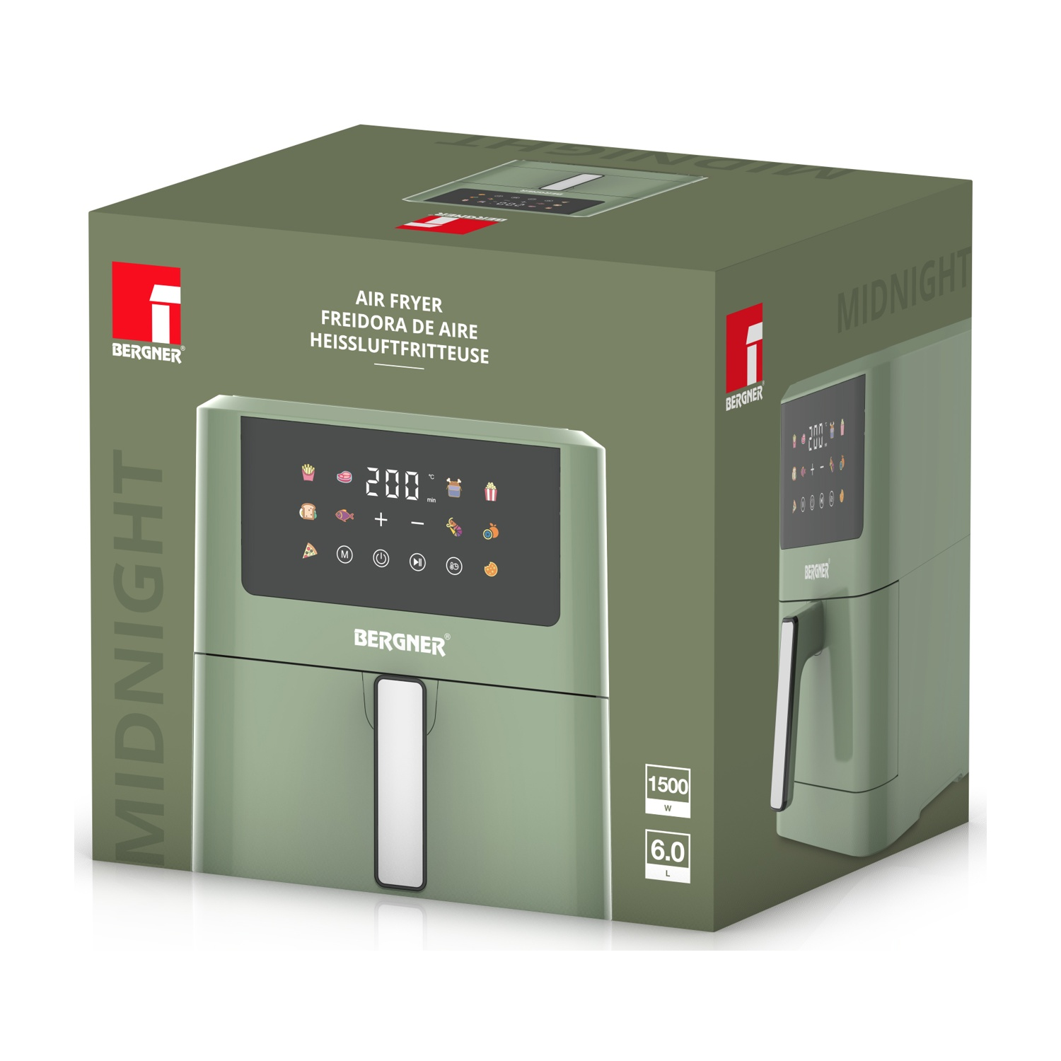 Scatola di friggitrice ad aria Bernger verde oliva, con display digitale. Il testo recita 'Midnight' e 'Air Fryer'. Mostra potenza e capacità.