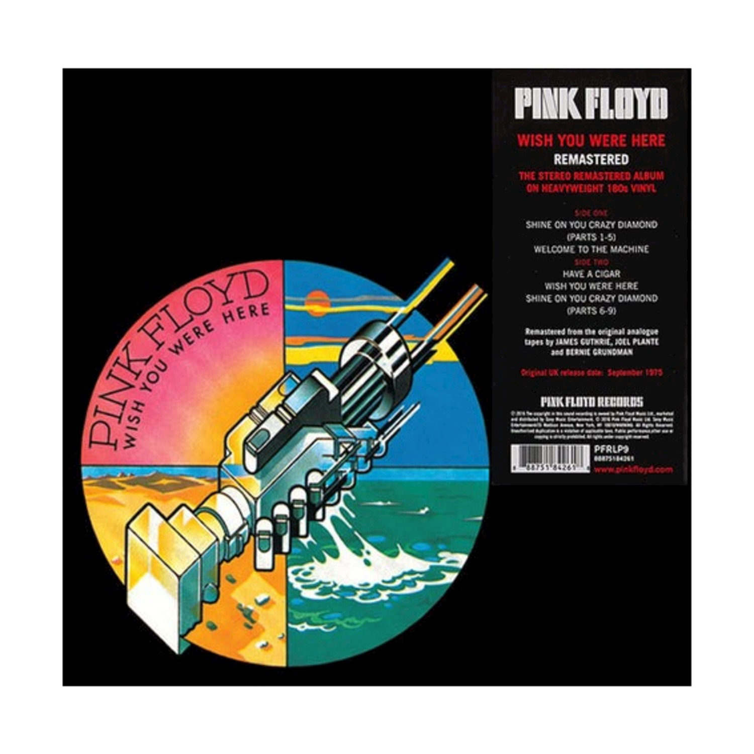 Copertina dell'album Wish You Were Here dei Pink Floyd. Mostra un'illustrazione di una stretta di mano e uno sfondo.