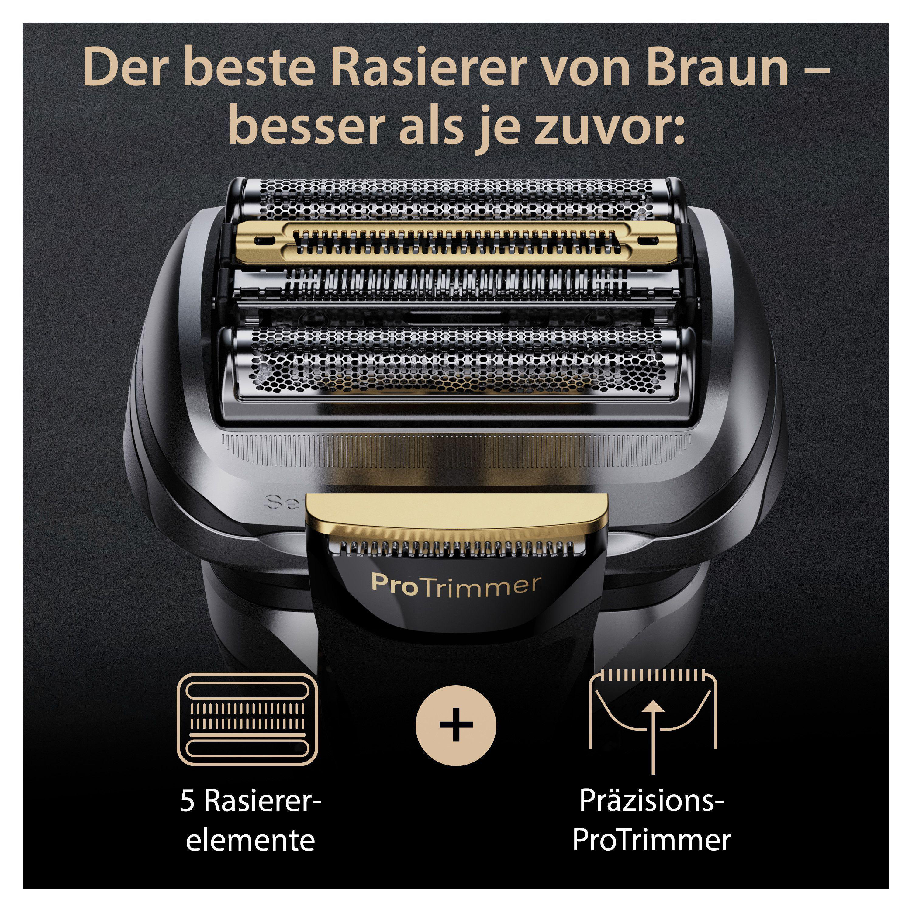 Nahaufnahme eines Braun-Rasierers. Er verfügt über 5 Rasierer-Elemente und einen ProTrimmer. Schwarz- und Goldfarben dominieren.