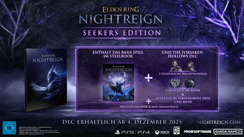 Elden Ring Nightreign Seekers Edition, Spielcover, DLC-Details und Erscheinungsdatum 4. Dezember 2025. Enthält Steelbook und digitales Artbook.