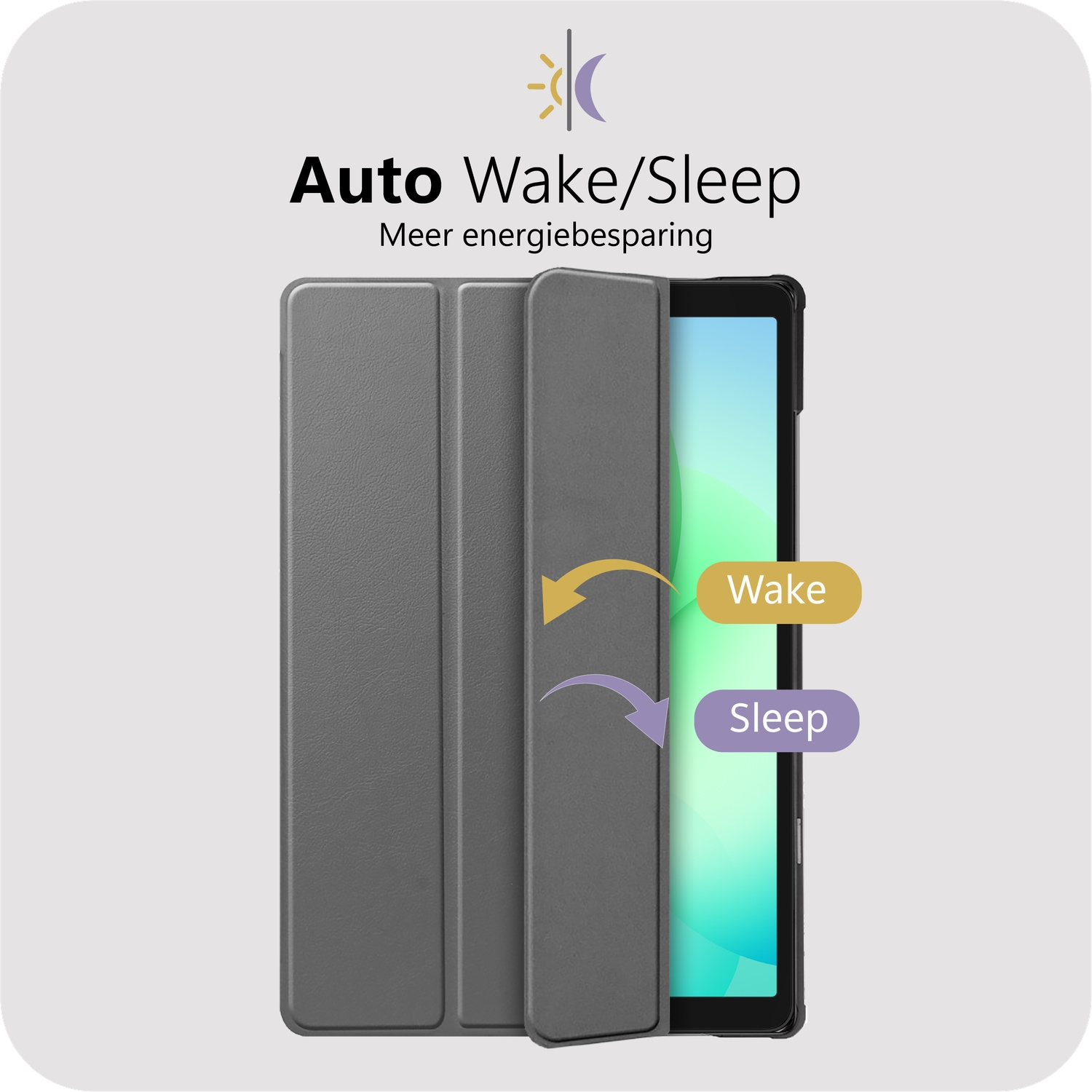 Image shows a tablet case with 'Auto Wake/Sleep' feature. Arrows and labels indicate 'Wake' and 'Sleep' functions.