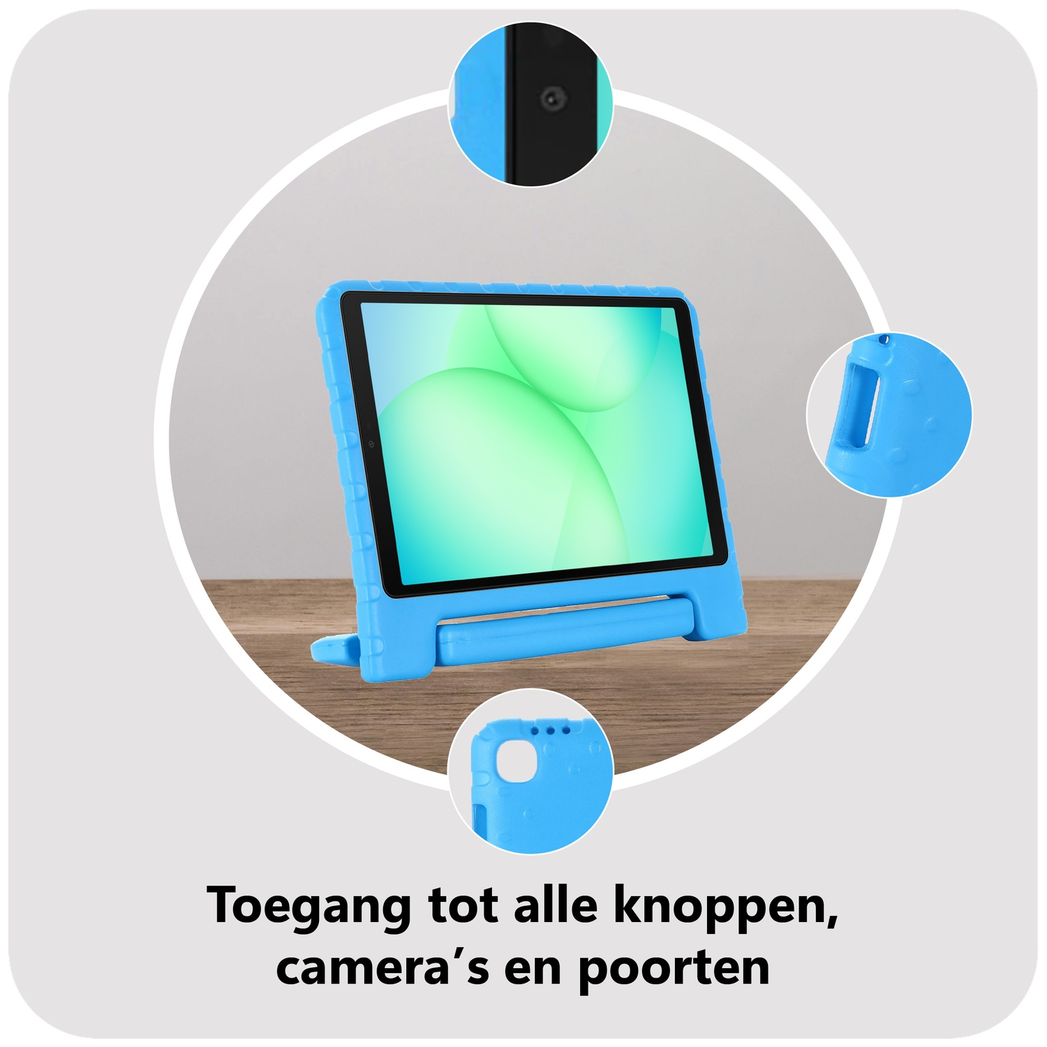 A blue tablet in a blue case, with close-ups of details. Text at the bottom reads: Access to all buttons, cameras, and ports.