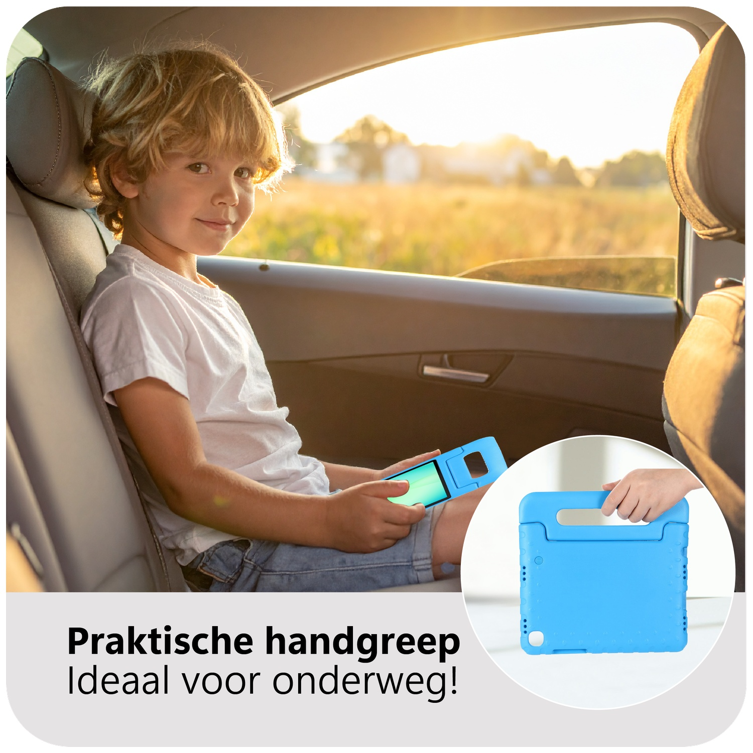 A boy in a car holds a tablet. He smiles at the camera. A blue tablet case is shown. The background is a field.