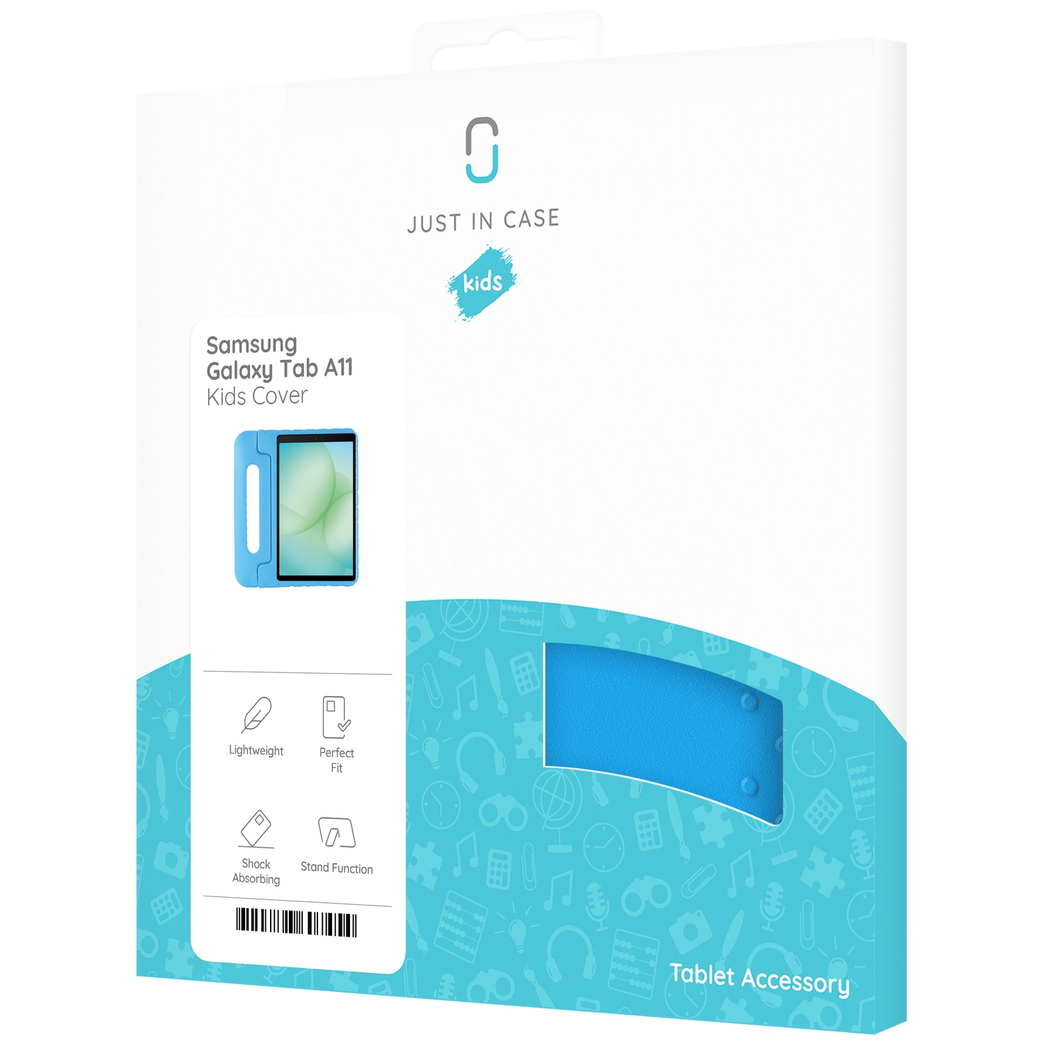 A tablet case box. The box is white and blue. It shows the tablet case and the words 'Just in Case' and 'Kids' are visible.