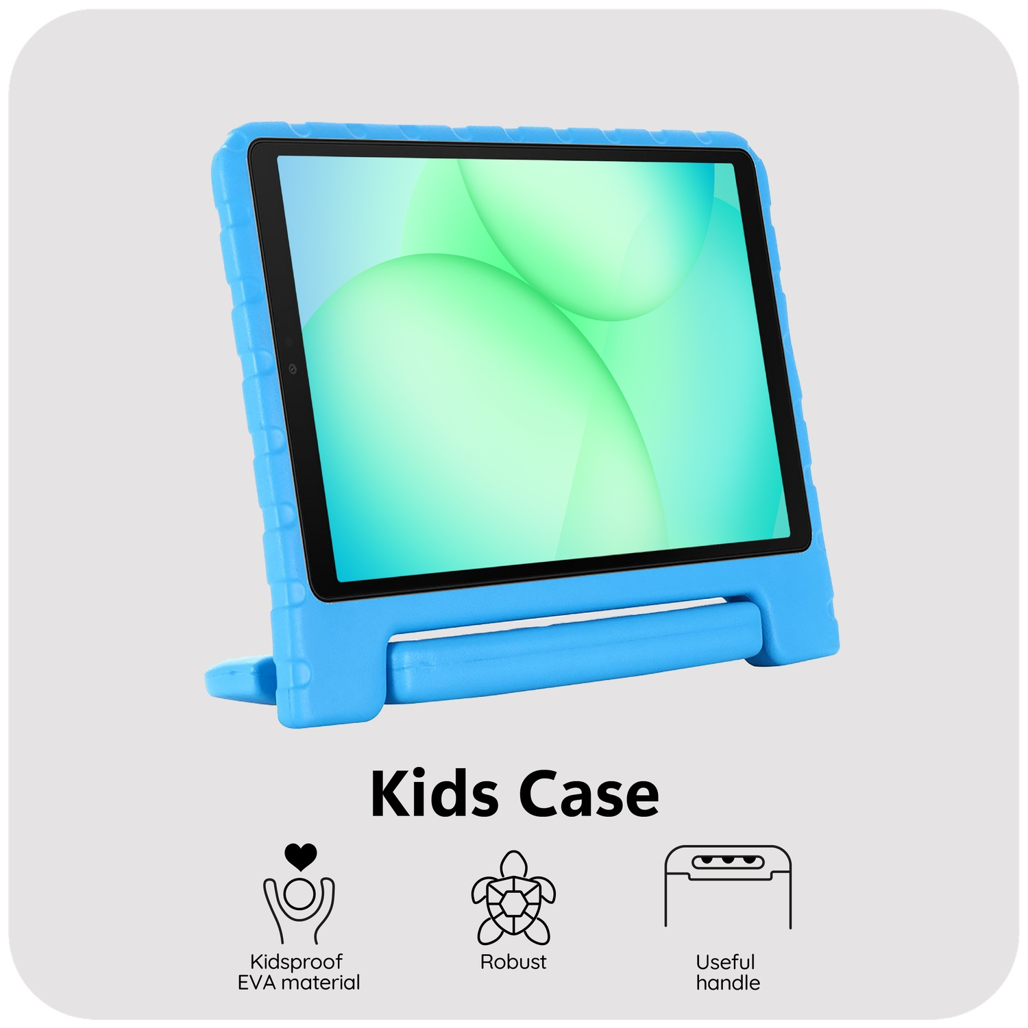 Blue kids' tablet case with a tablet inside. The screen displays green and white shapes. Text below says 'Kids Case'.