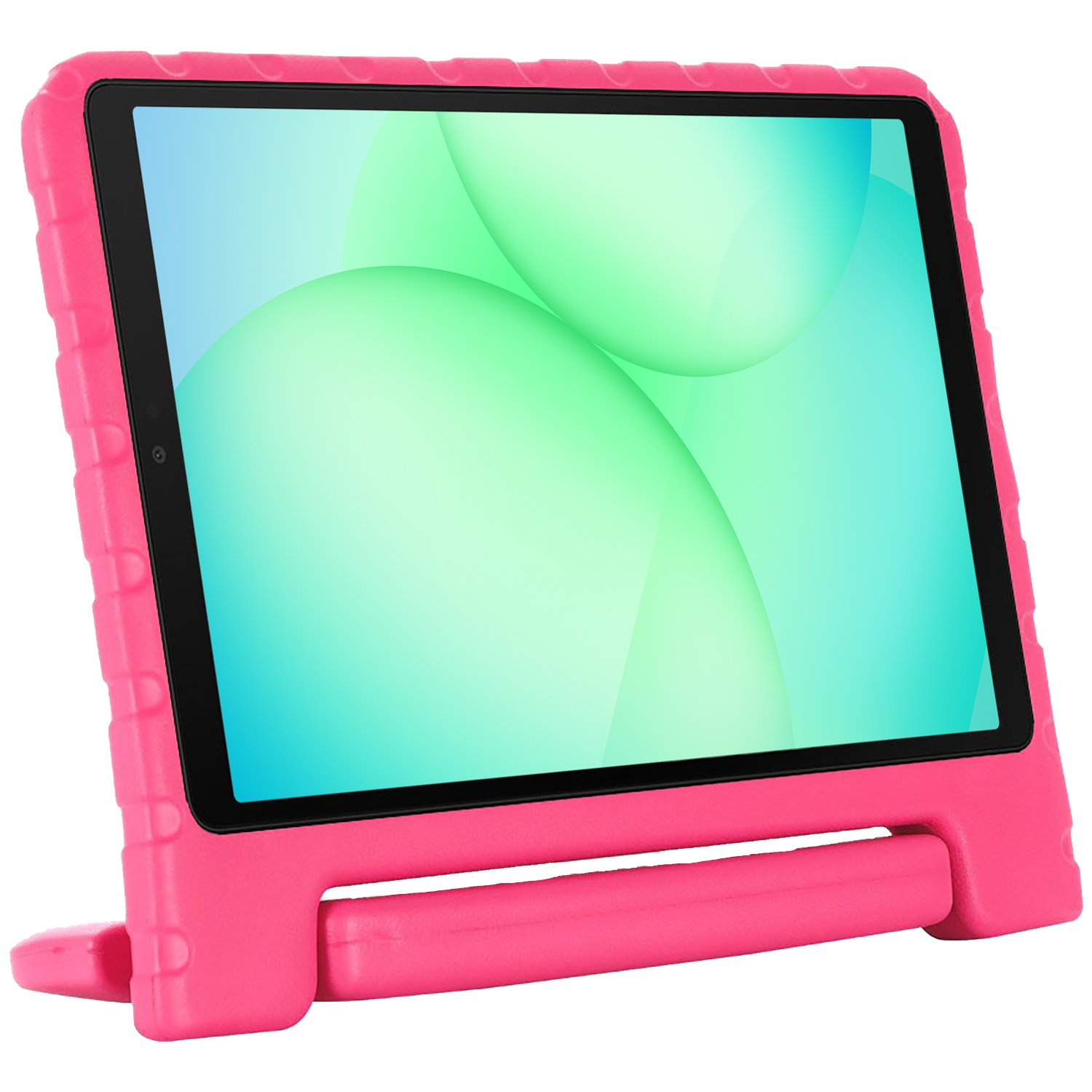 A pink tablet with a protective case is propped up. The screen displays a colorful gradient. The case has a handle.