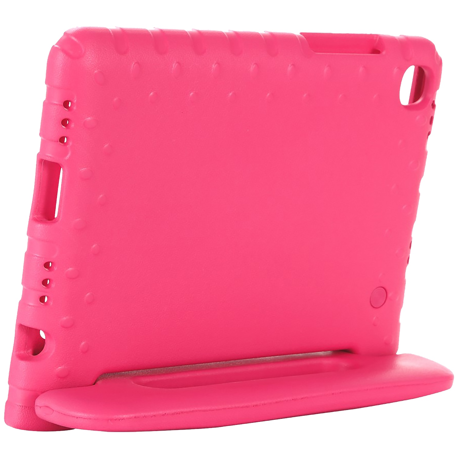 A pink tablet case with a built-in stand. The case has a textured surface with multiple holes and a camera cutout.