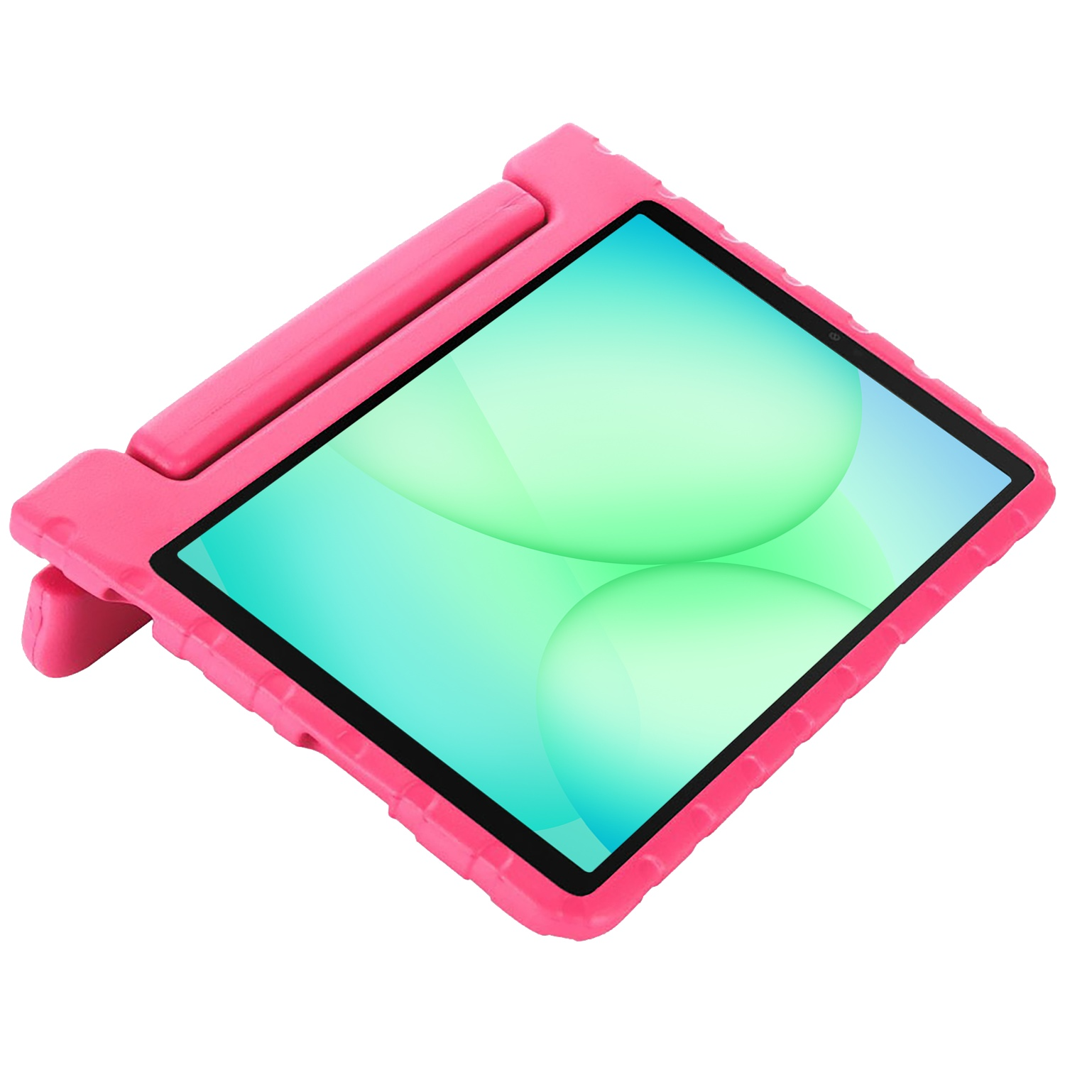 A pink tablet in a pink protective case. The screen displays a colorful abstract image. The case has a handle and is on a white background.