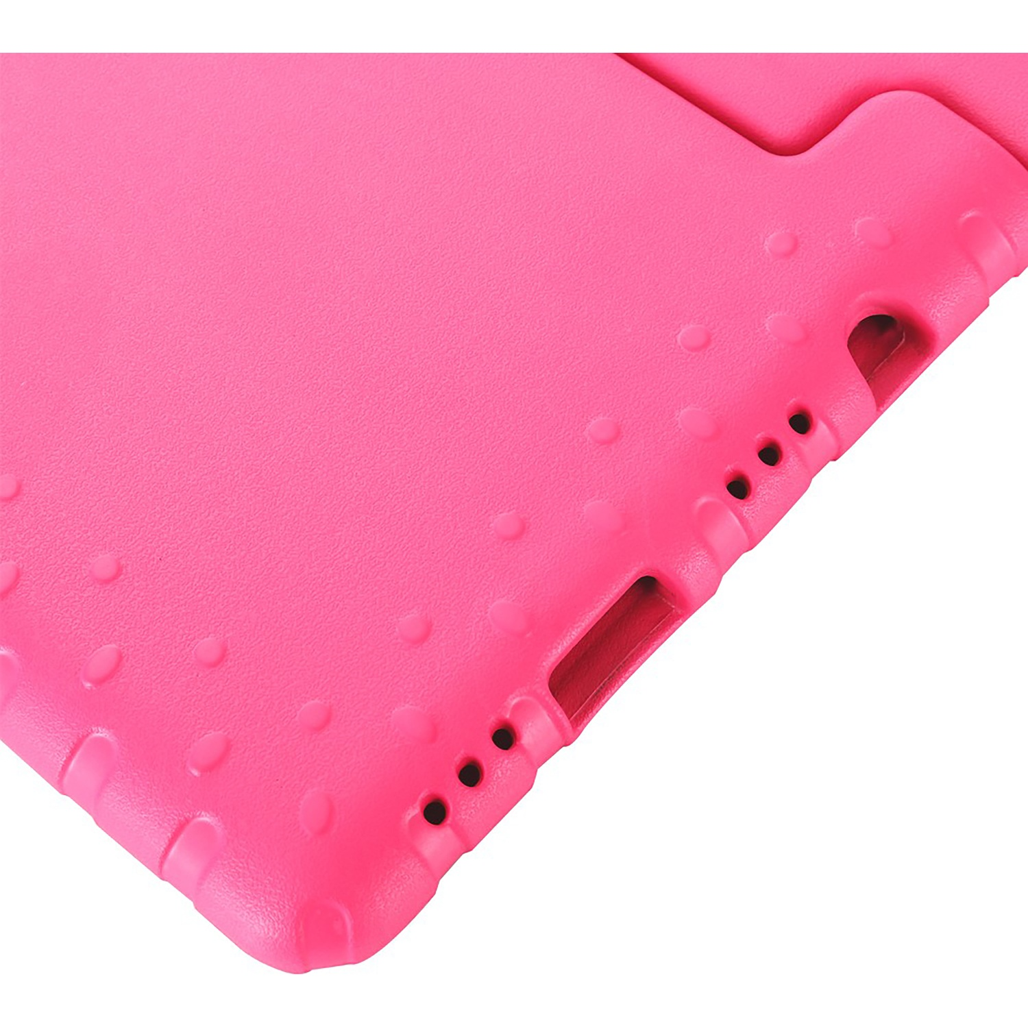 Close-up of a pink tablet case with a textured surface, multiple holes, and a cutout on a white background.