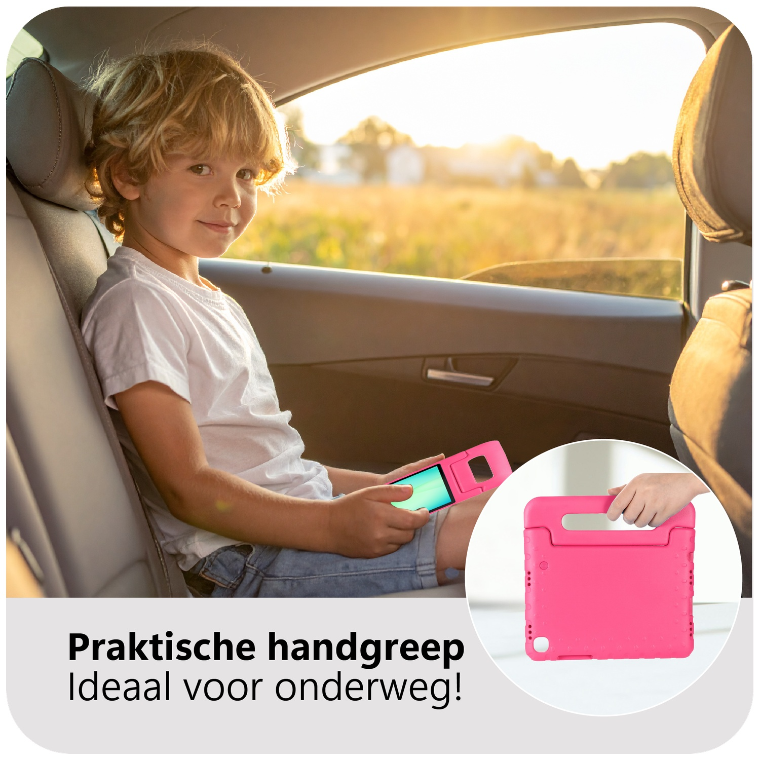 A boy sits in a car holding a tablet in a pink case. Sunlight streams through the window. A pink case is also shown.