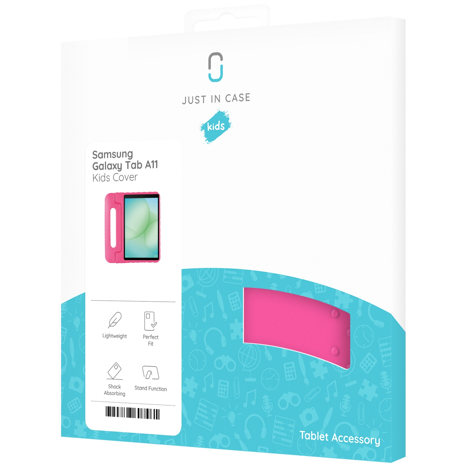 A white box with a pink tablet case labeled 'Samsung Galaxy Tab A11 Kids Cover.' Icons indicate features like lightweight and shock absorbing.