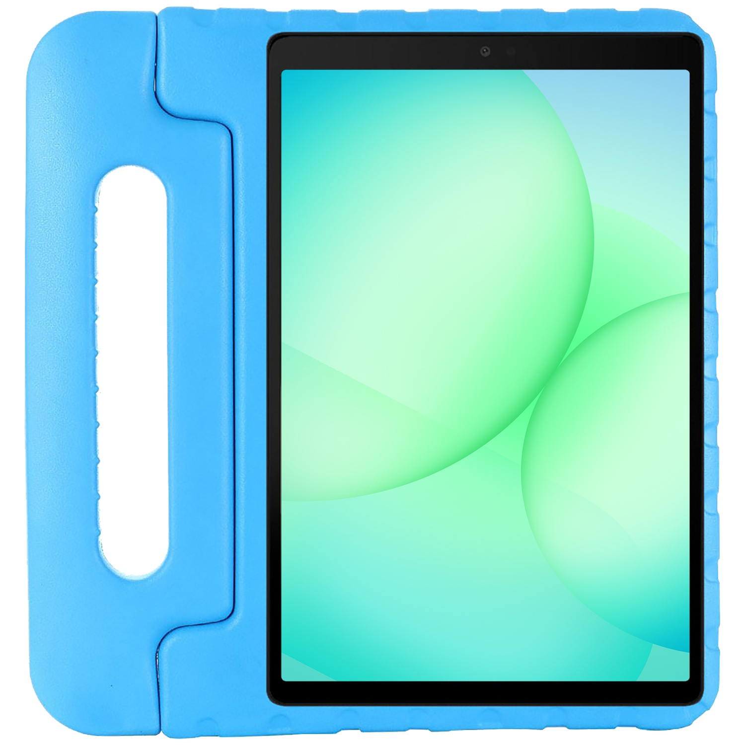 A blue tablet in a blue case. The screen displays green and blue spheres. The case has a handle and textured edges.