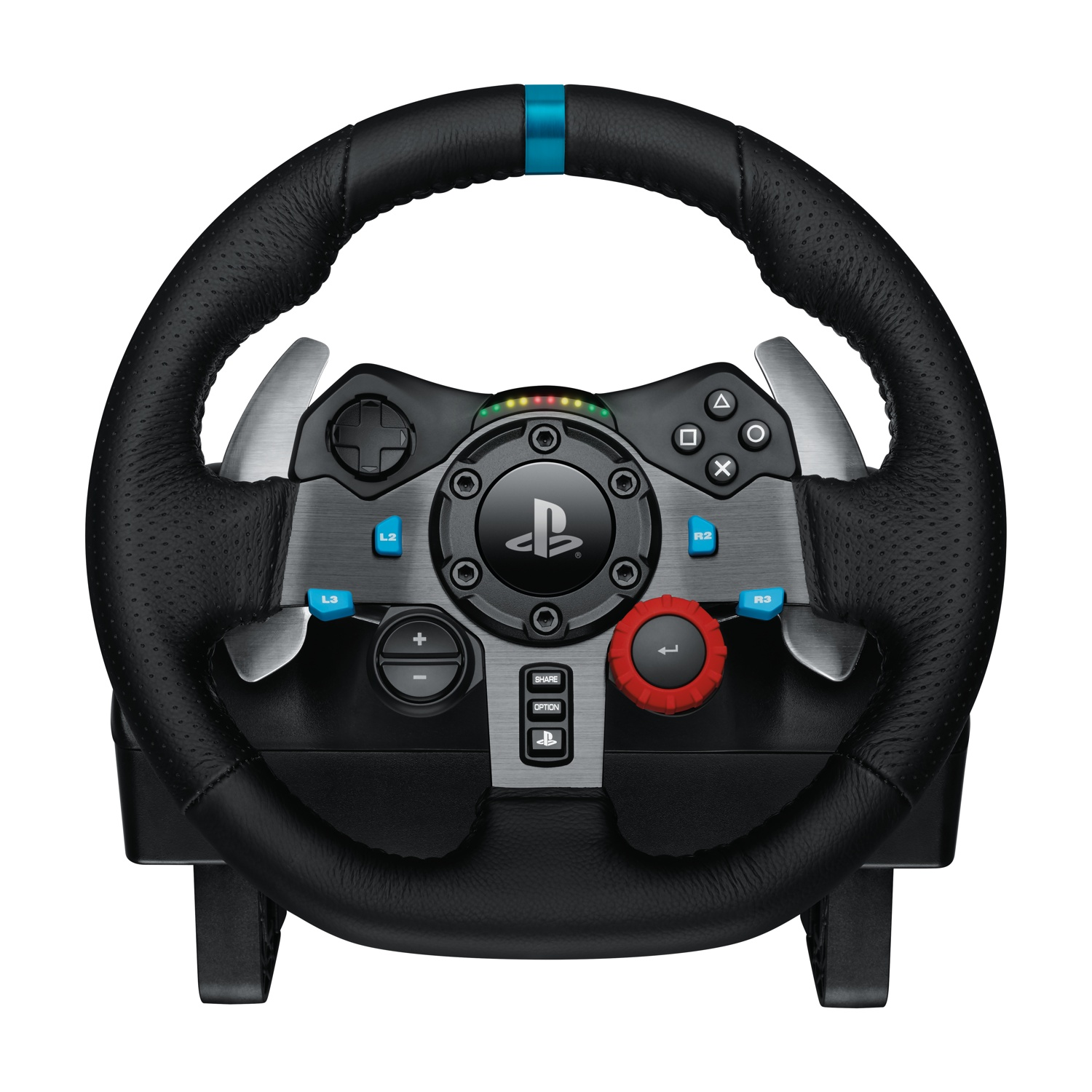 Un volante nero e argento con pulsanti, levette e una striscia blu in alto. Ha un pulsante rosso e il logo Playstation.