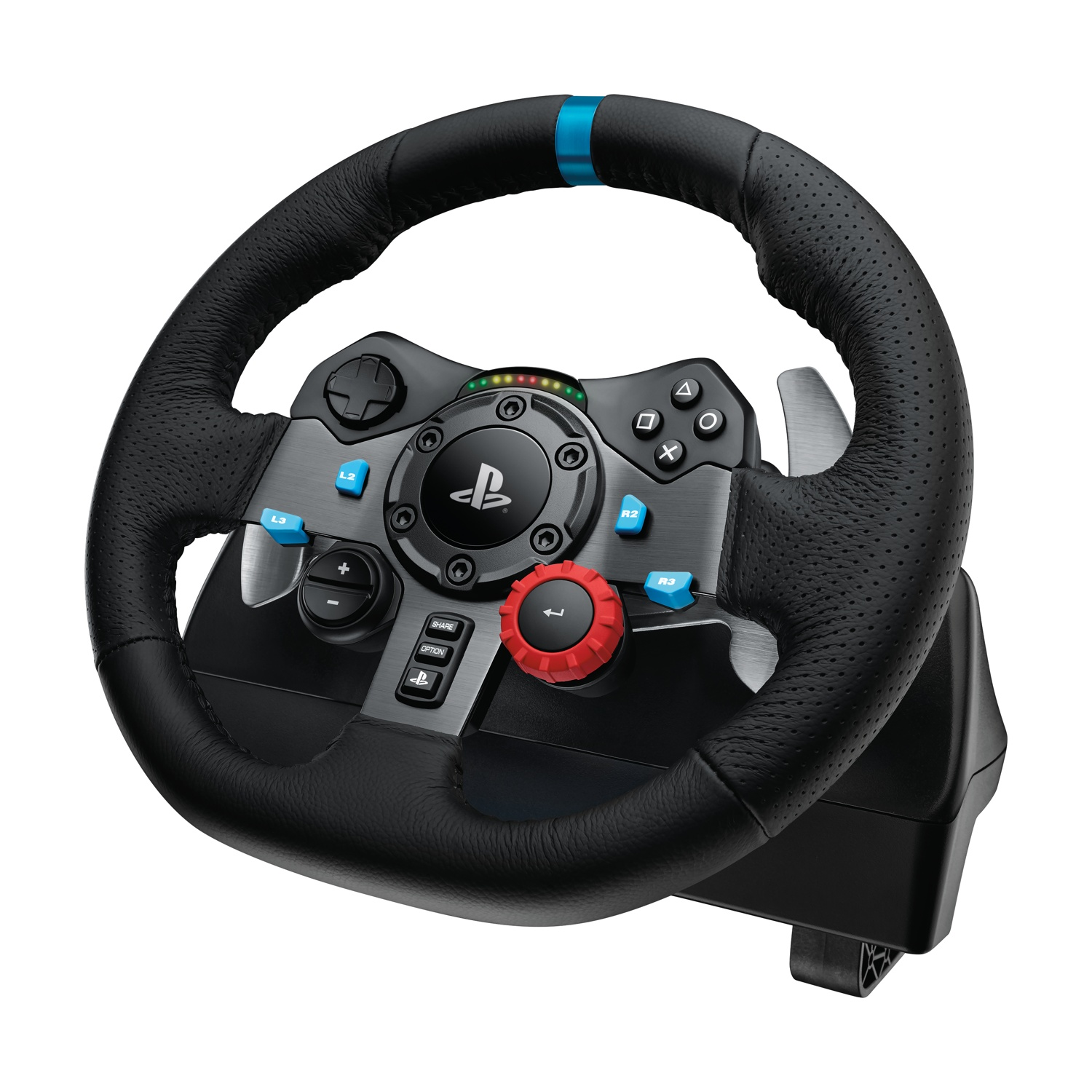 Un volante da gioco nero e grigio con pulsanti blu e rossi. Ha un logo PlayStation al centro.