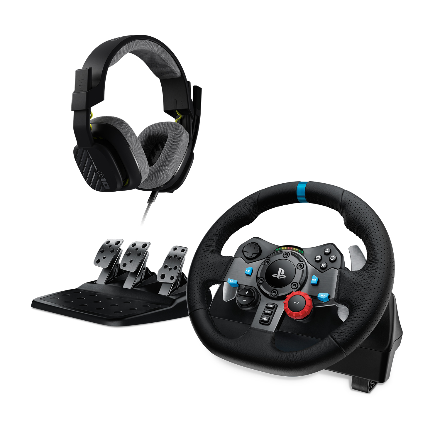 Configurazione di gioco con volante, pedali e cuffie. Il volante ha pulsanti e una manopola rossa. Le cuffie sono nere e grigie.