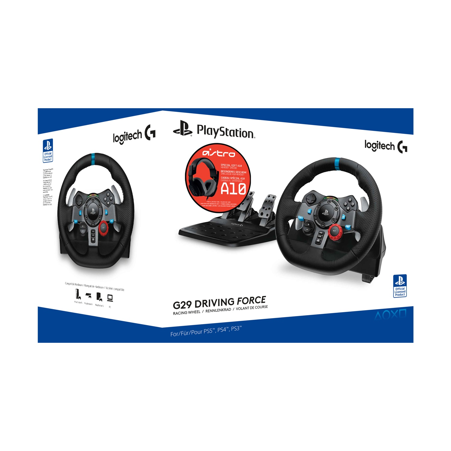 Una scatola del volante da corsa Logitech G29. Include volante, pedali e cuffie. La scatola presenta i loghi PlayStation e Logitech.