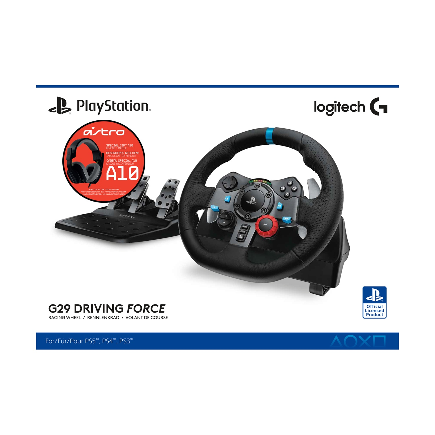 Un volante da corsa Logitech G29, pedali e cuffie Astro A10 su una superficie bianca. Il logo PlayStation è visibile.