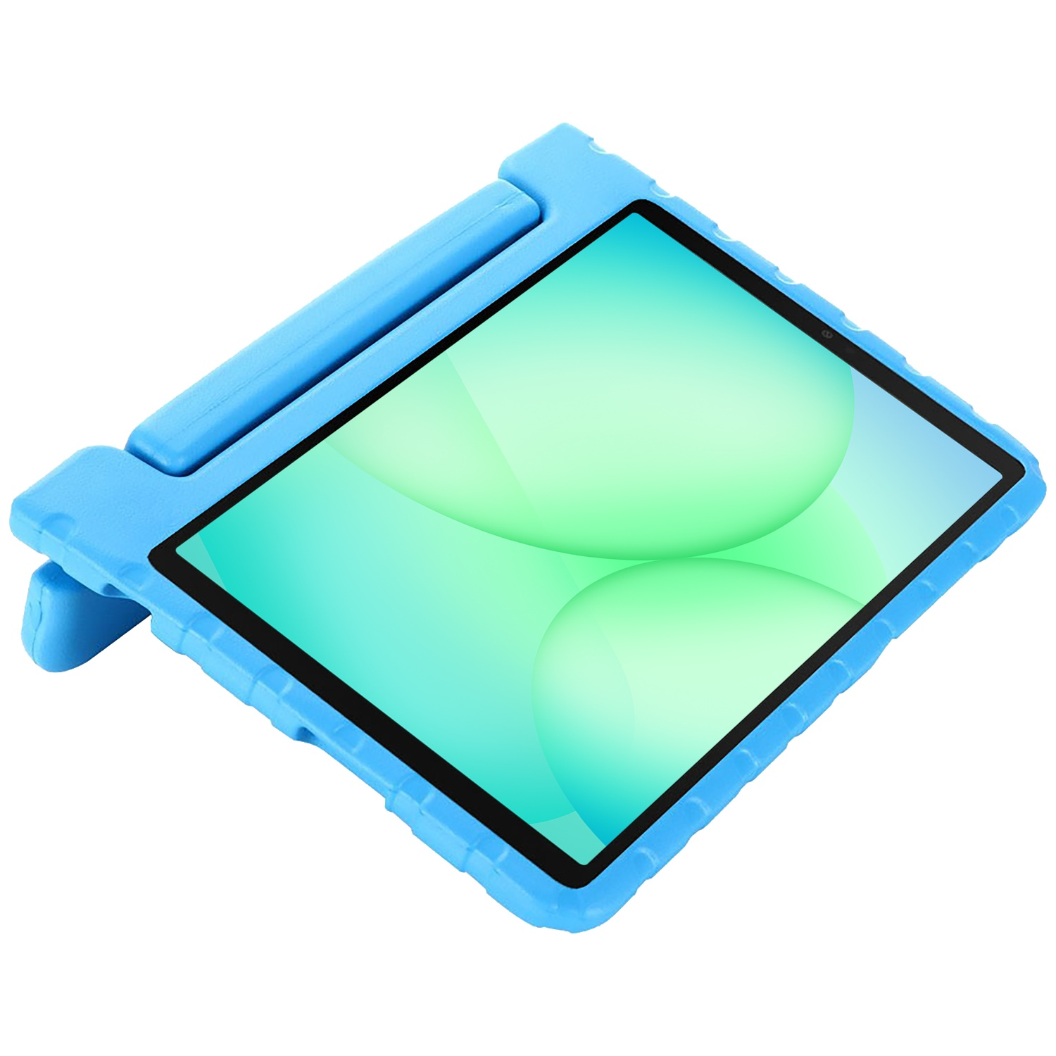 A blue tablet with a protective case. The screen displays a green and white abstract design. The case has a handle and stand.