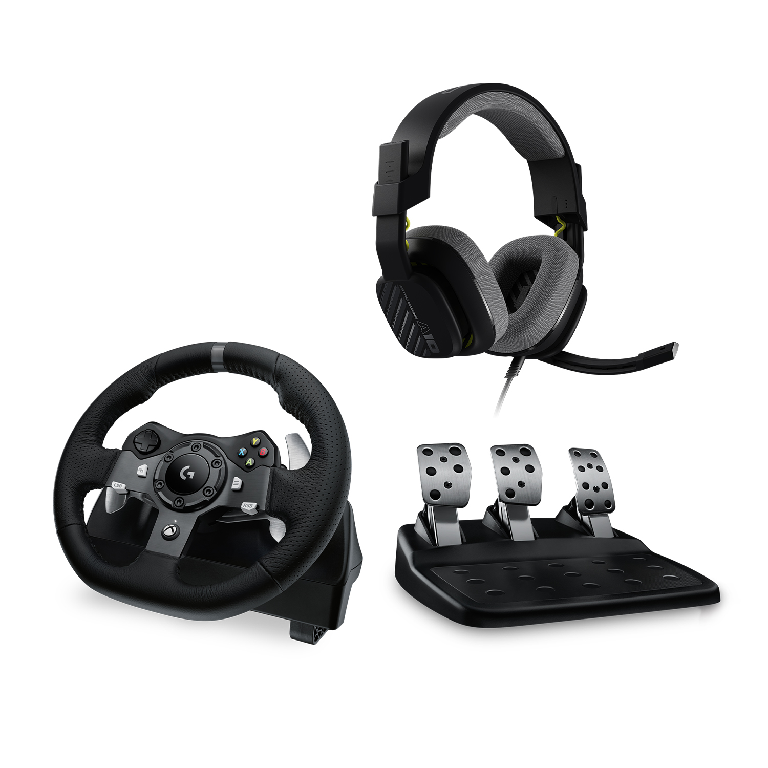 Accessori gaming: volante, cuffie e pedaliera su sfondo bianco.