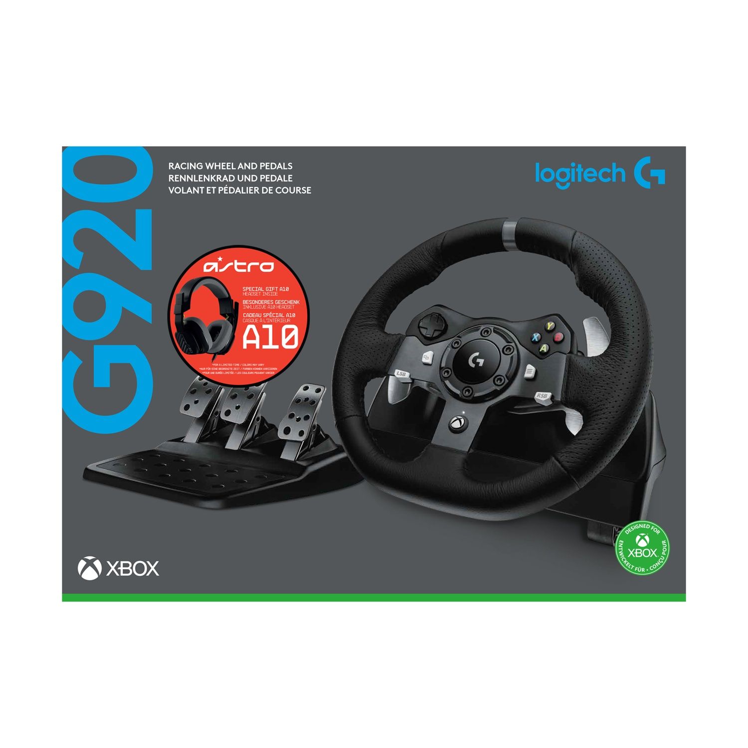 Un volante e pedali Logitech G920, include cuffie Astro A10, progettato per Xbox.