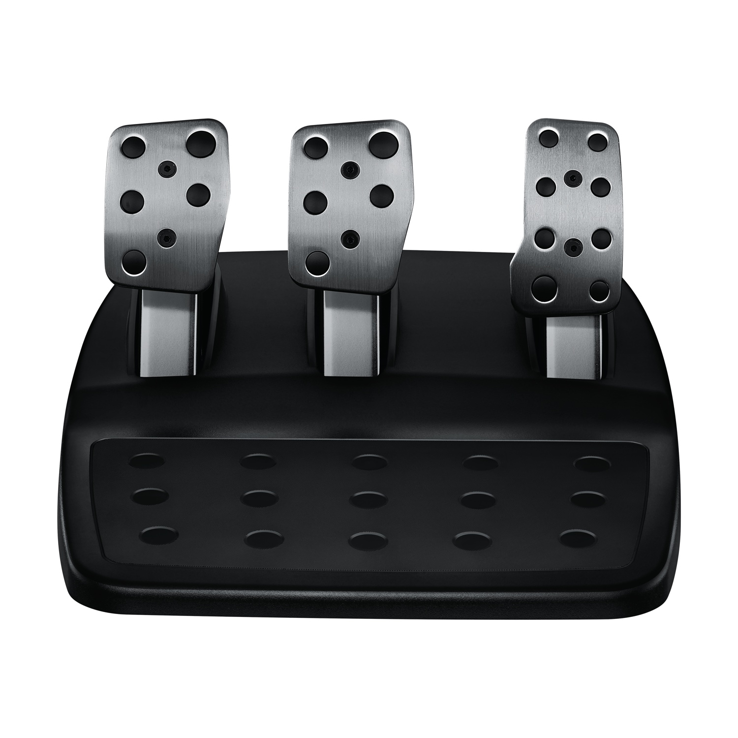 Un set di pedali per volante nero con tre pedali in metallo e una base nera. I pedali hanno piccoli fori e sono montati su una base nera.