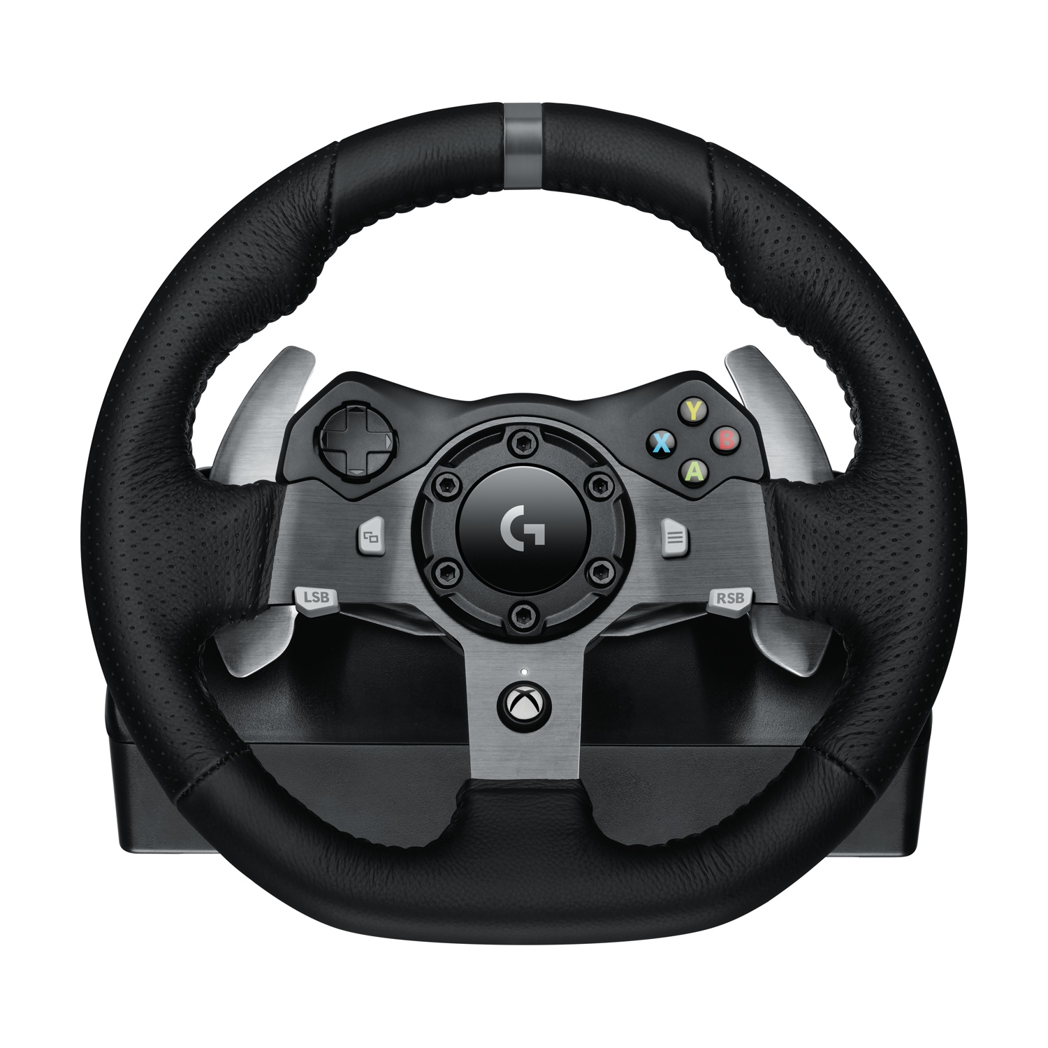 Un volante da corsa Logitech nero con levette e pulsanti argentati. Ha un'impugnatura in pelle traforata.