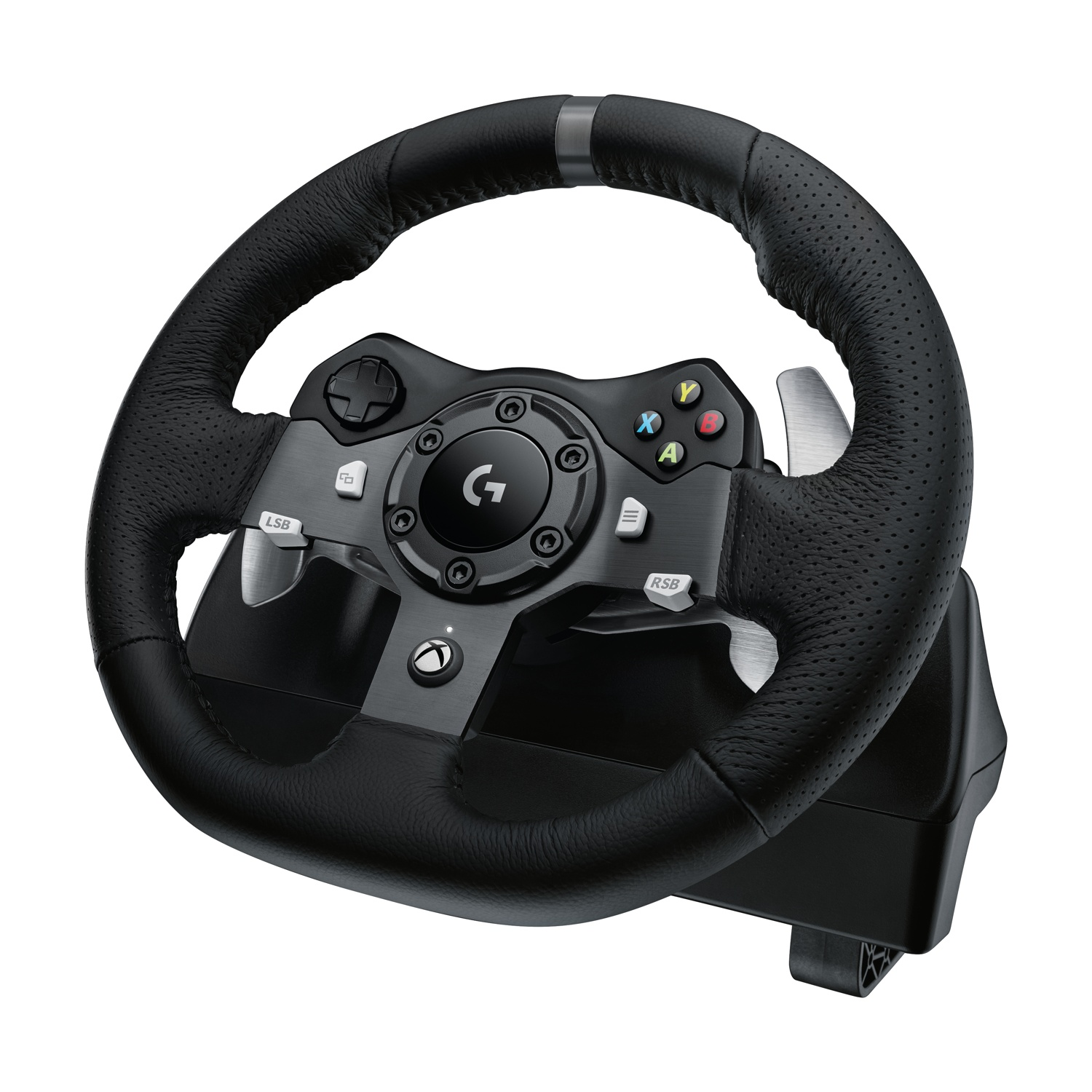Un volante da corsa nero Logitech con paddle e pulsanti argentati. Ha un'impugnatura in pelle traforata.