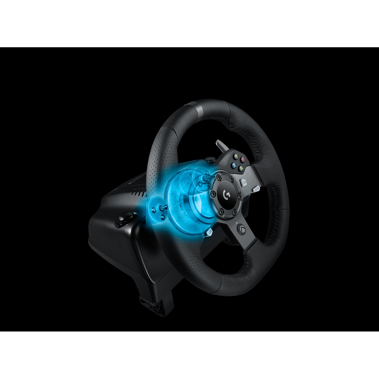 Un volante nero con dettagli argentati e vari pulsanti è visualizzato su sfondo nero. C'è un effetto di bagliore blu.