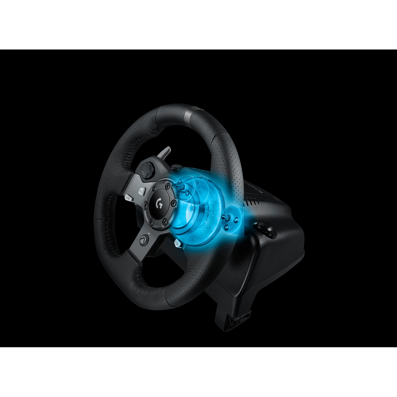 Un volante da corsa nero con dettagli argentati e dettagli luminosi blu, su sfondo nero.
