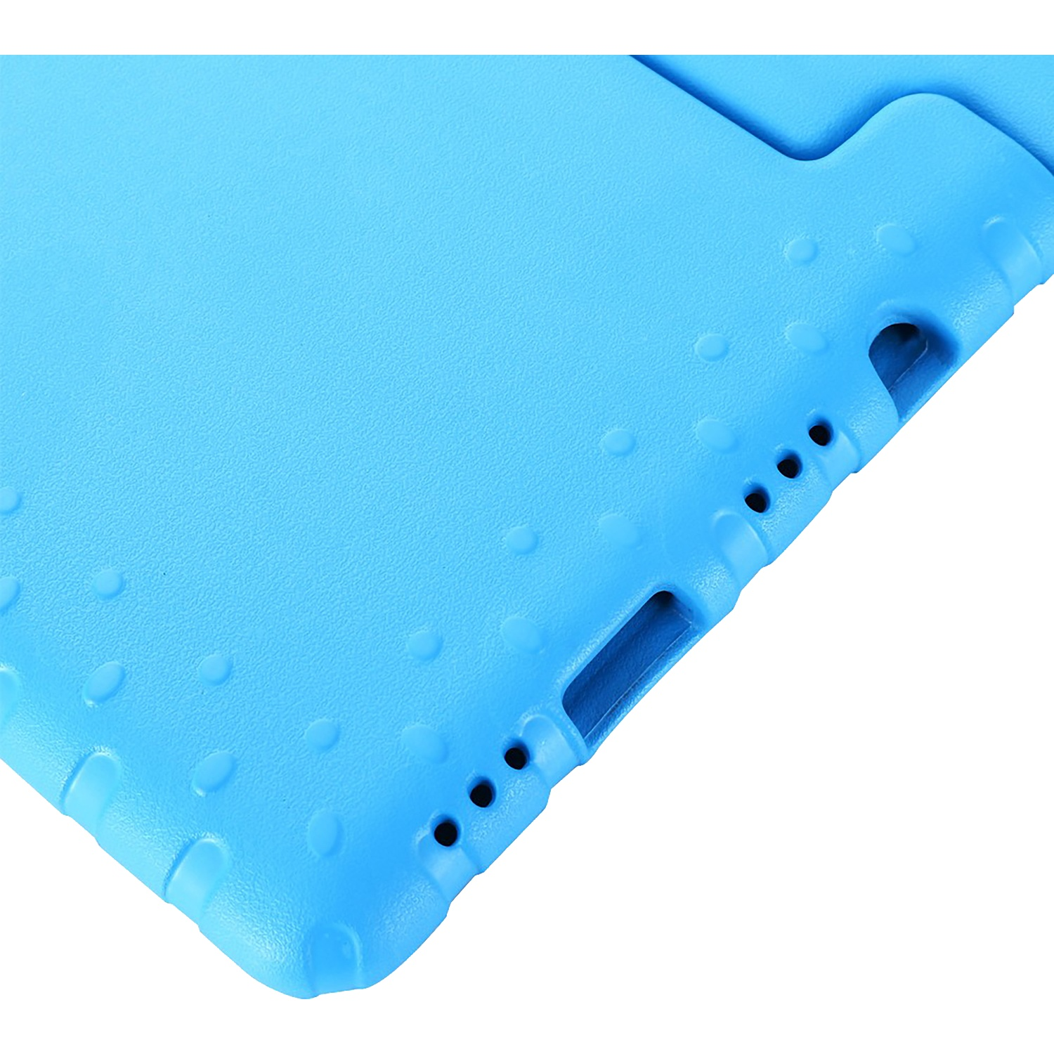 Close-up of a bright blue tablet case. Features include rounded edges, textured surface with small bumps, and cutouts for ports.