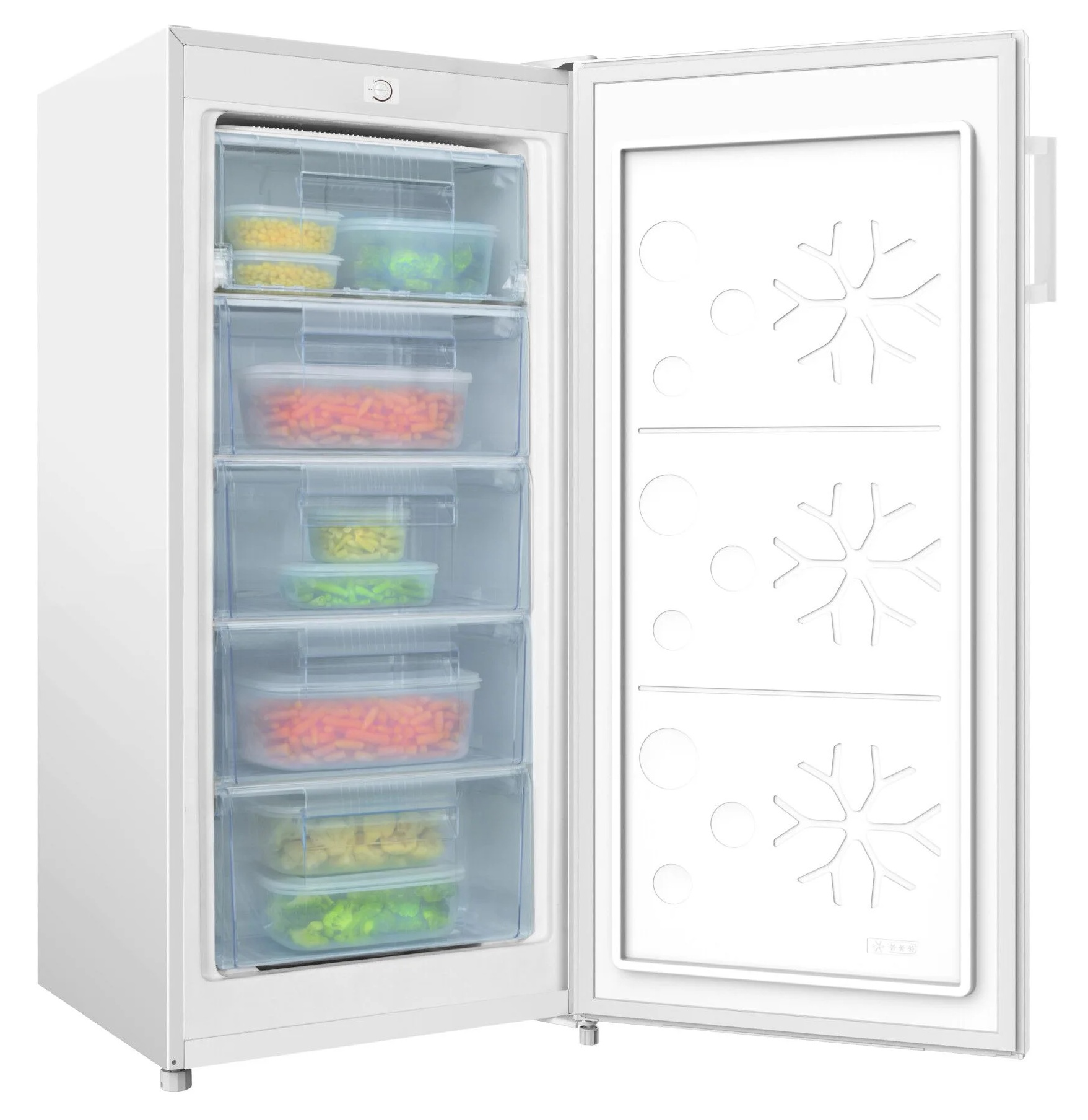Biała zamrażarka z otwartymi drzwiami, pokazująca szuflady wypełnione warzywami. Drzwi mają wzory płatków śniegu.
