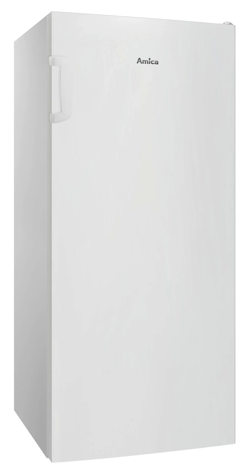 Biała lodówka Amica. Ma uchwyt po lewej stronie i nazwę marki na drzwiach.