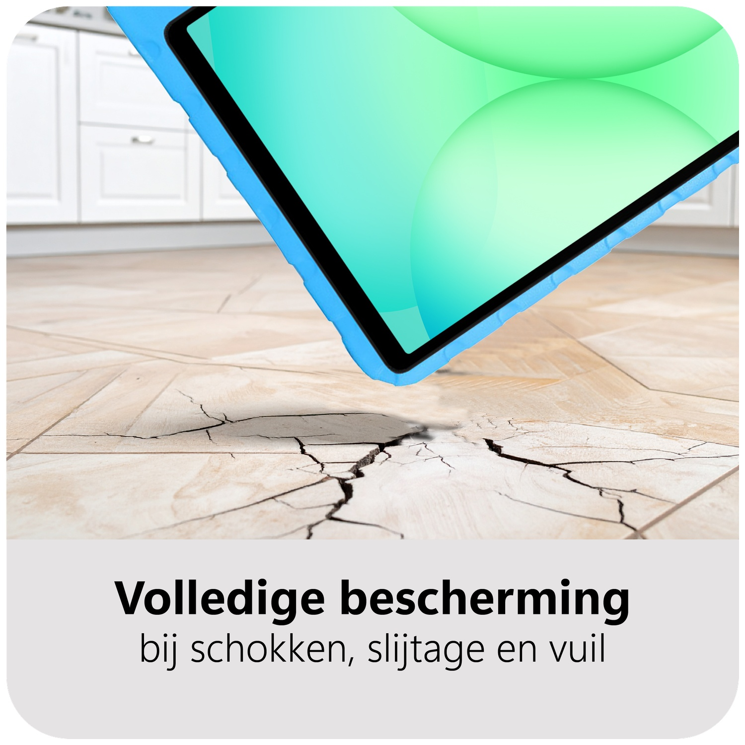 Tablet in blue case, above cracked floor. Background shows white cabinets. Text: Complete protection against shocks, wear, and dirt.