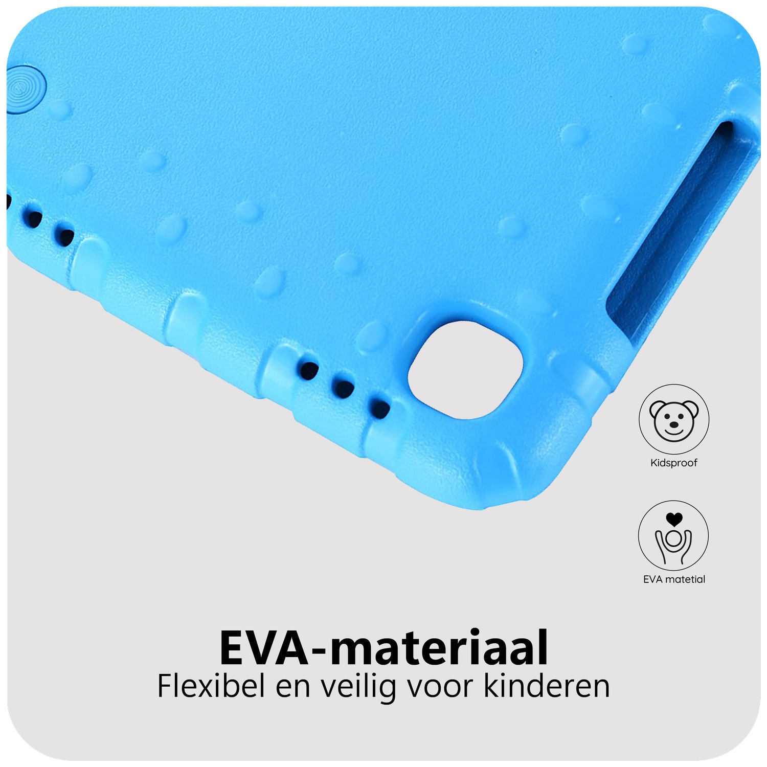 A blue tablet case with water droplet-like textures and icons for kid-proof and EVA material. Text: EVA material, flexible and safe.