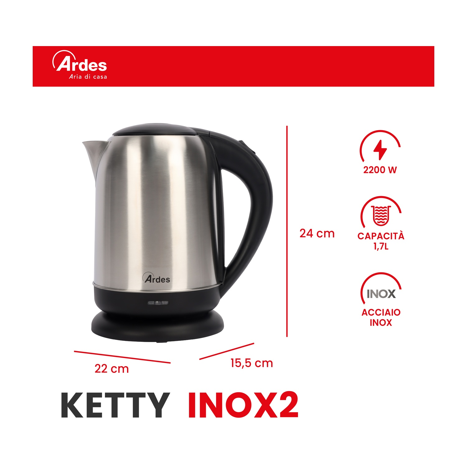 Bollitore elettrico in acciaio inox con manico, base e coperchio neri. Dimensioni e capacità sono visualizzate.