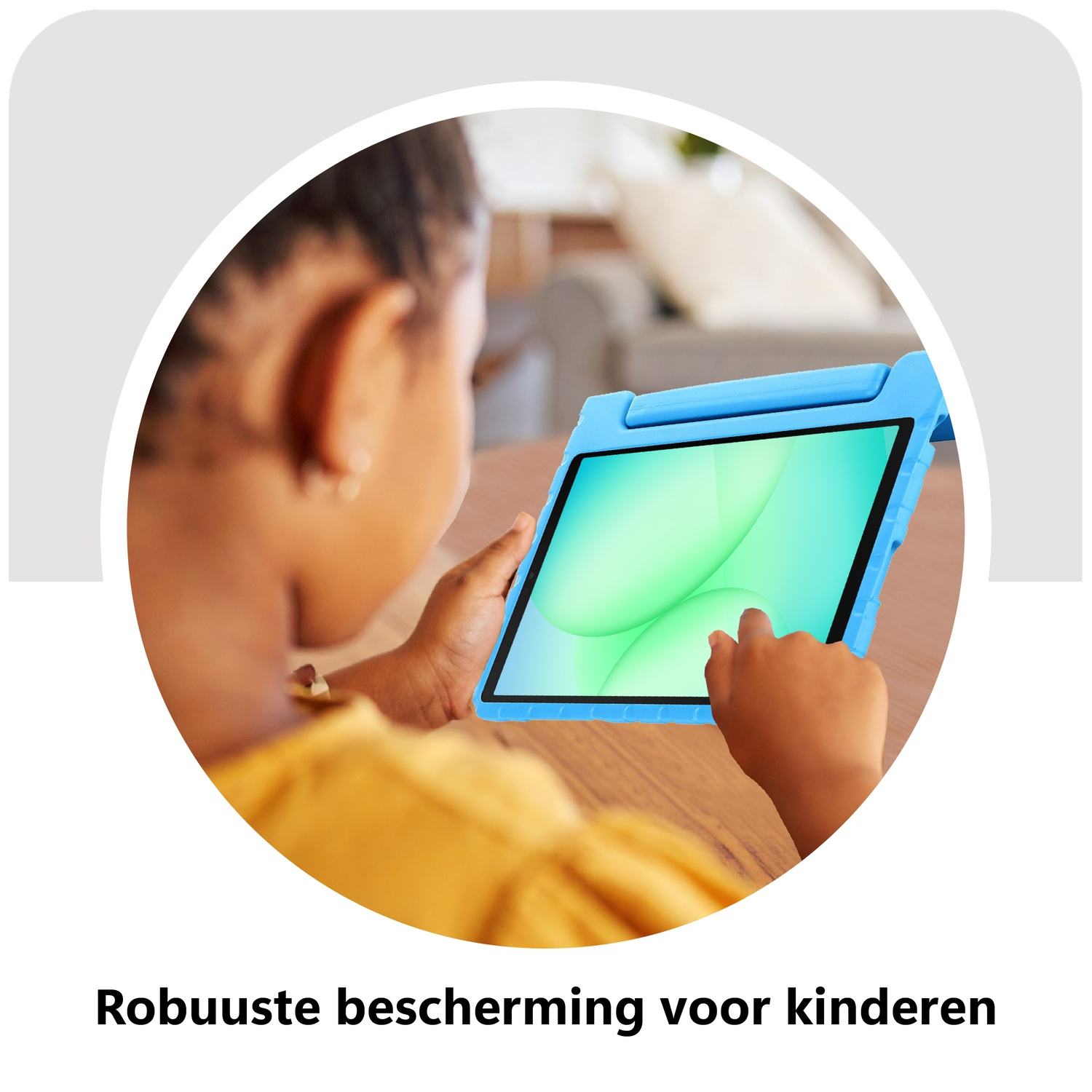 A child holds a blue tablet. The screen shows green abstract shapes. The child's back and arm are visible, with a yellow shirt.
