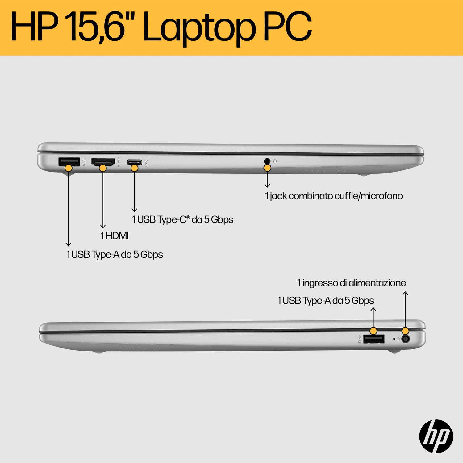 Laptop HP argento. Mostra porte: USB, HDMI, jack audio e ingresso alimentazione. Etichettato in italiano.
