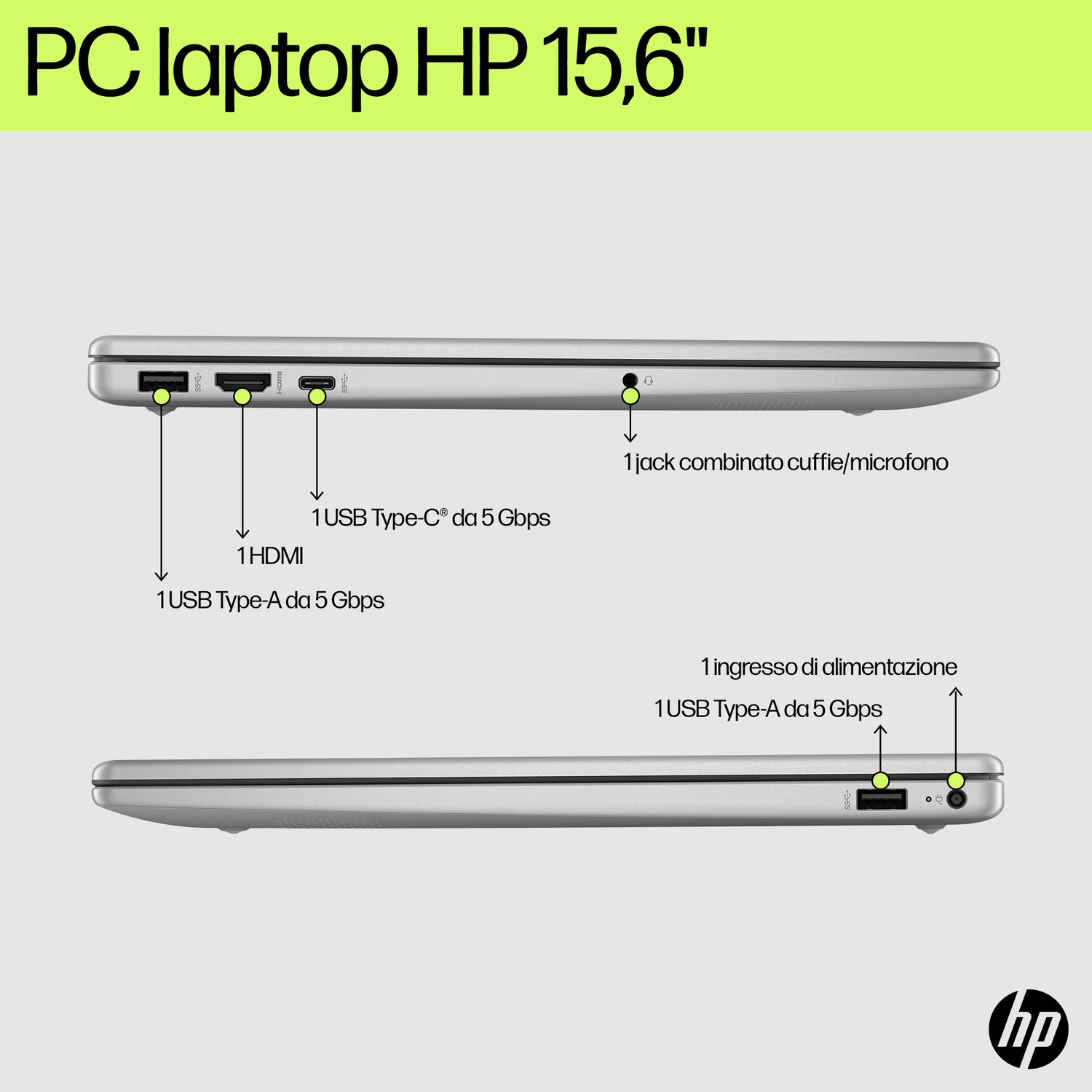 L'immagine mostra un laptop HP con porte etichettate. Include USB, HDMI e ingresso di alimentazione. Il testo include PC laptop HP 15,6" e il logo HP.
