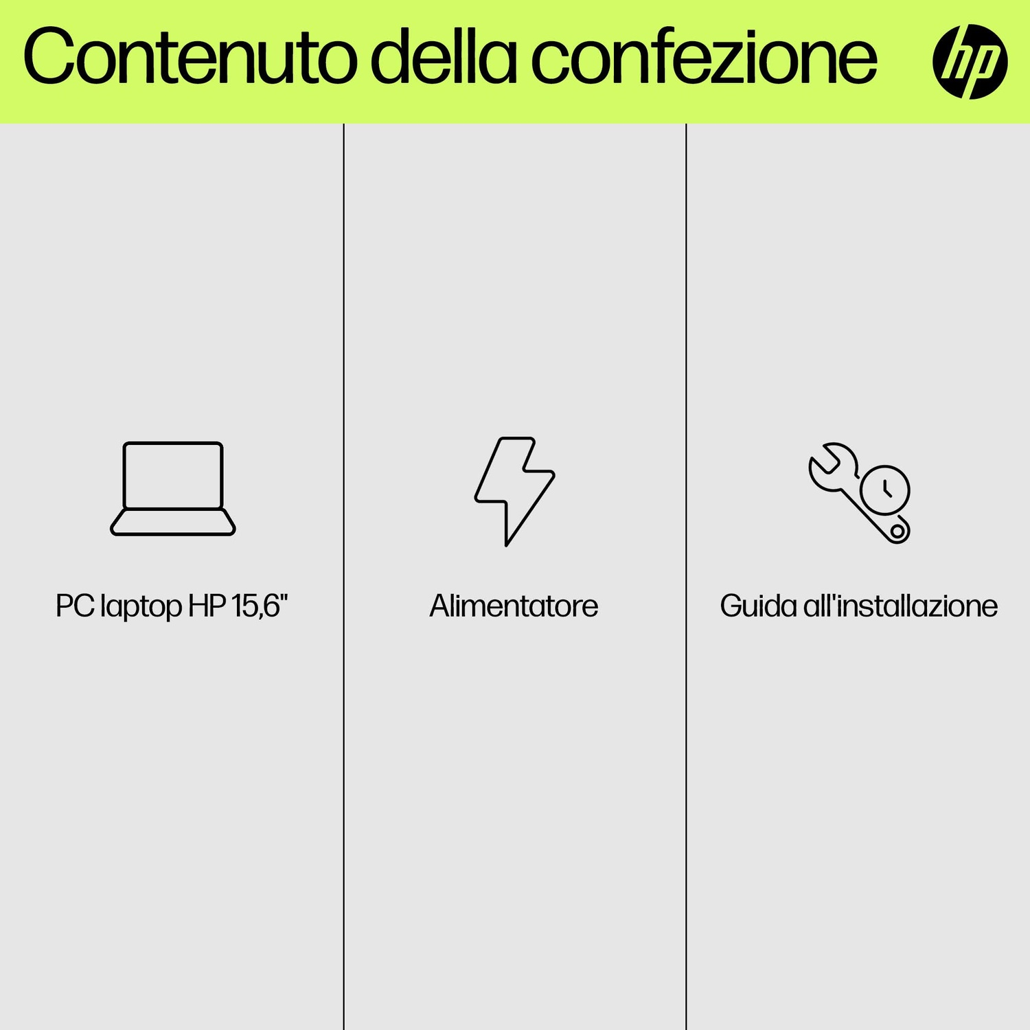 L'immagine mostra il contenuto di una scatola di laptop HP. Include un laptop, un caricabatterie e una guida all'installazione.