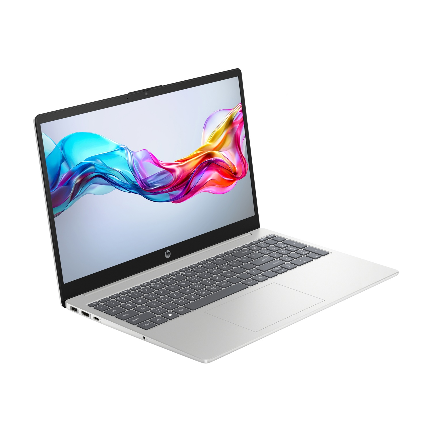 Laptop HP argentato. Schermo con arte astratta colorata. Tastiera e touchpad visibili. Sfondo bianco.